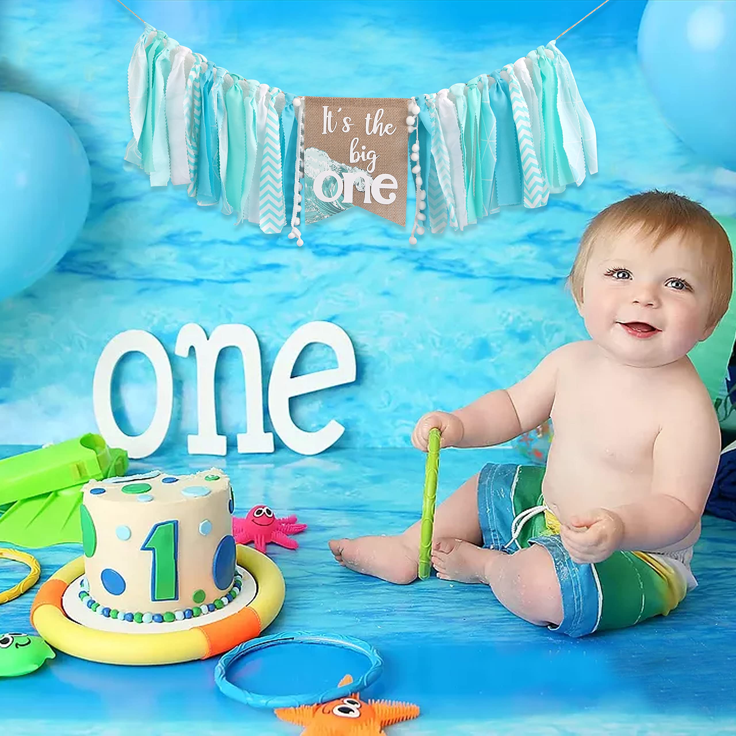 Big One Highchair Banner for 1st Birthday | First Birthday Party Decor for Baby Boys | Blue Highchair Banner | Pool Party & Cake Smash Photo Props | Perfect for Birthday Photoshoots & Party Decorations