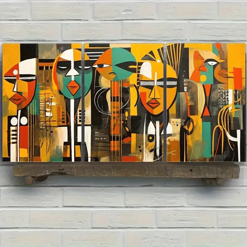 3Pcs Abstract African Tribal Art Metal Wall Decor - Ready to Hang Canvas Prints for Living Room, Bedroom & Office Decor