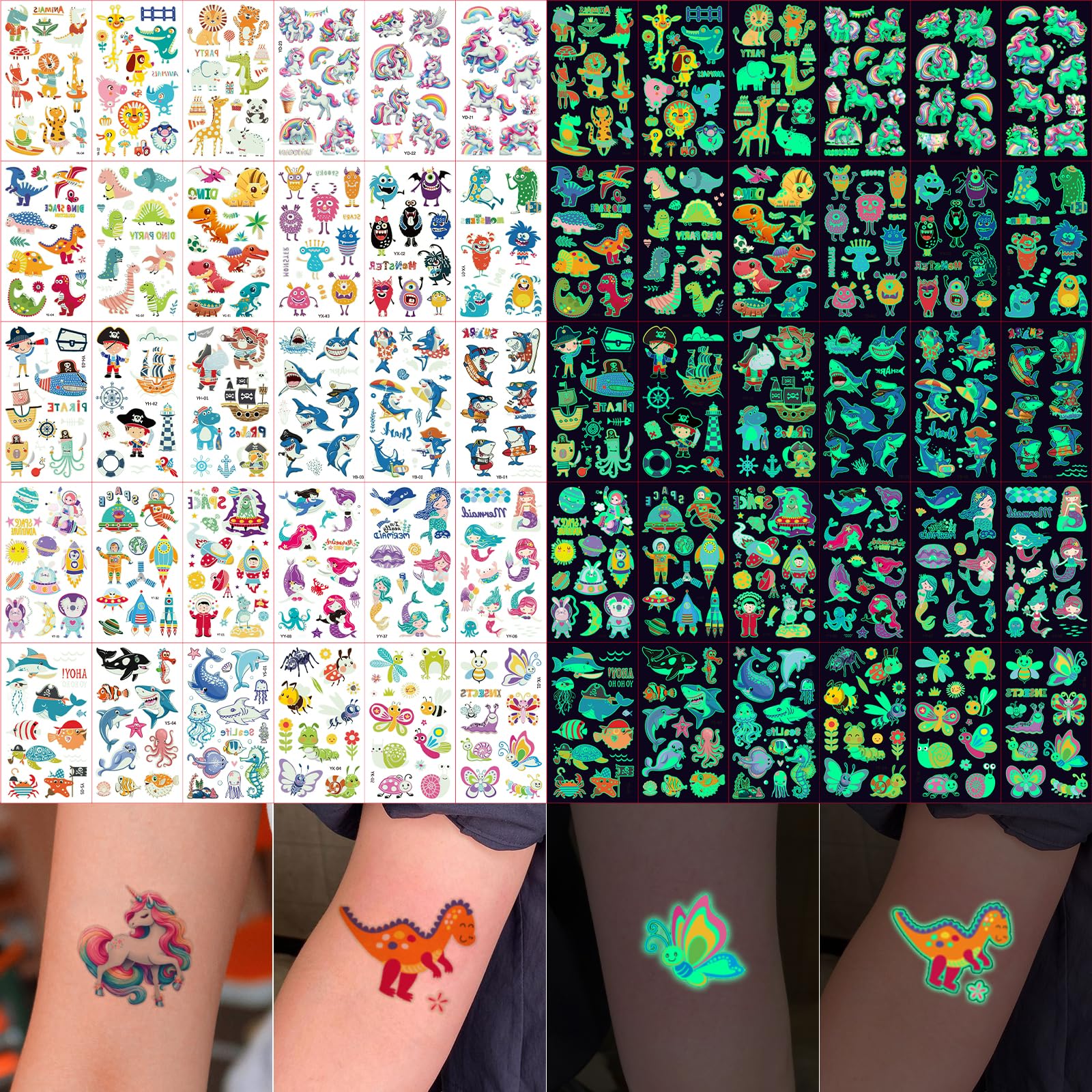 Glow in the Dark Temporary Tattoos for Kids - 400 Pcs Mixed Designs (Animals, Dinosaurs, Mermaids, Unicorns, Space, Butterflies, Sharks) - Fun Party Supplies for Boys & Girls - Perfect for Birthday Parties, Halloween Costumes & Summer Camp Activities
