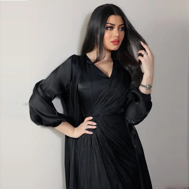2 Piece Set Bright Satin Open Abaya Dress with Inner Sleeveless Dress - Muslim Prayer Dress, Eid Outfit, Ramadan Fashion, Modest Evening Wear for Women
