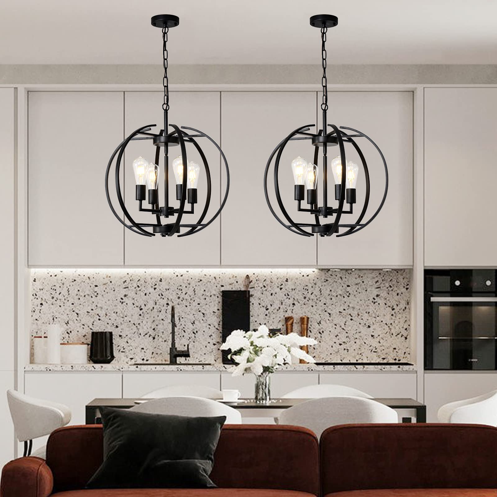 Large Black Farmhouse Chandelier - Adjustable 4-Light Pendant Lighting Fixture for Kitchen, Dining Room, Living Room & Hallway | Rustic Globe Lantern Ceiling Light for Home Decor & Cozy Ambiance