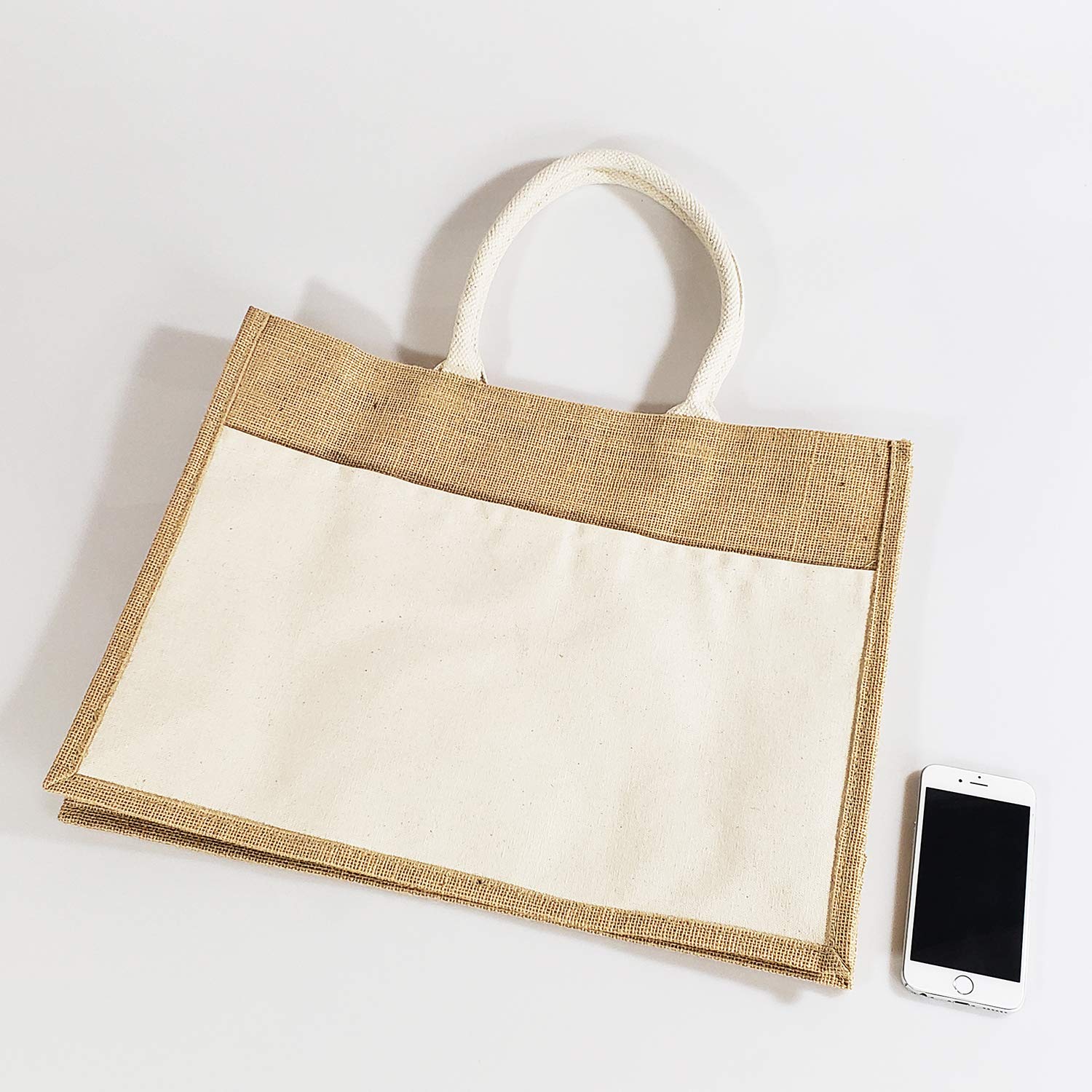 Eco-Friendly Heavy Duty Reusable Jute Burlap Tote Bag with Front Canvas Pocket - Large Shopping Bag for Groceries, Beach, Farmers Market & DIY Crafts | Sustainable Natural Fiber Gift Bag