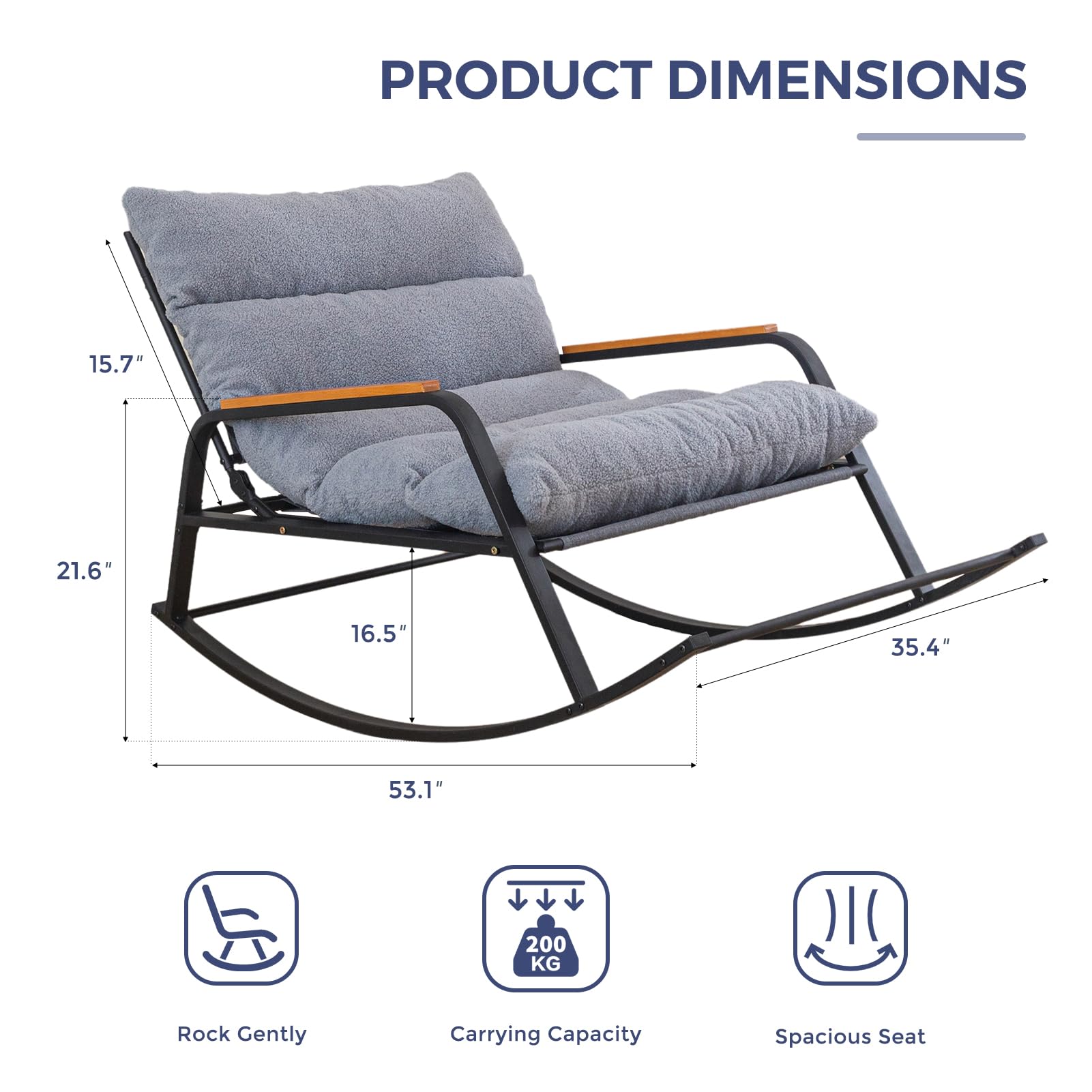 MAXYOYO Boucle Rocking Chair with Adjustable Backrest - Extra Wide Glider Recliner for Living Room, Nursery & Outdoor Use - Soft Grey Fabric - Perfect for Nursing, Relaxing & Reading (Grey)