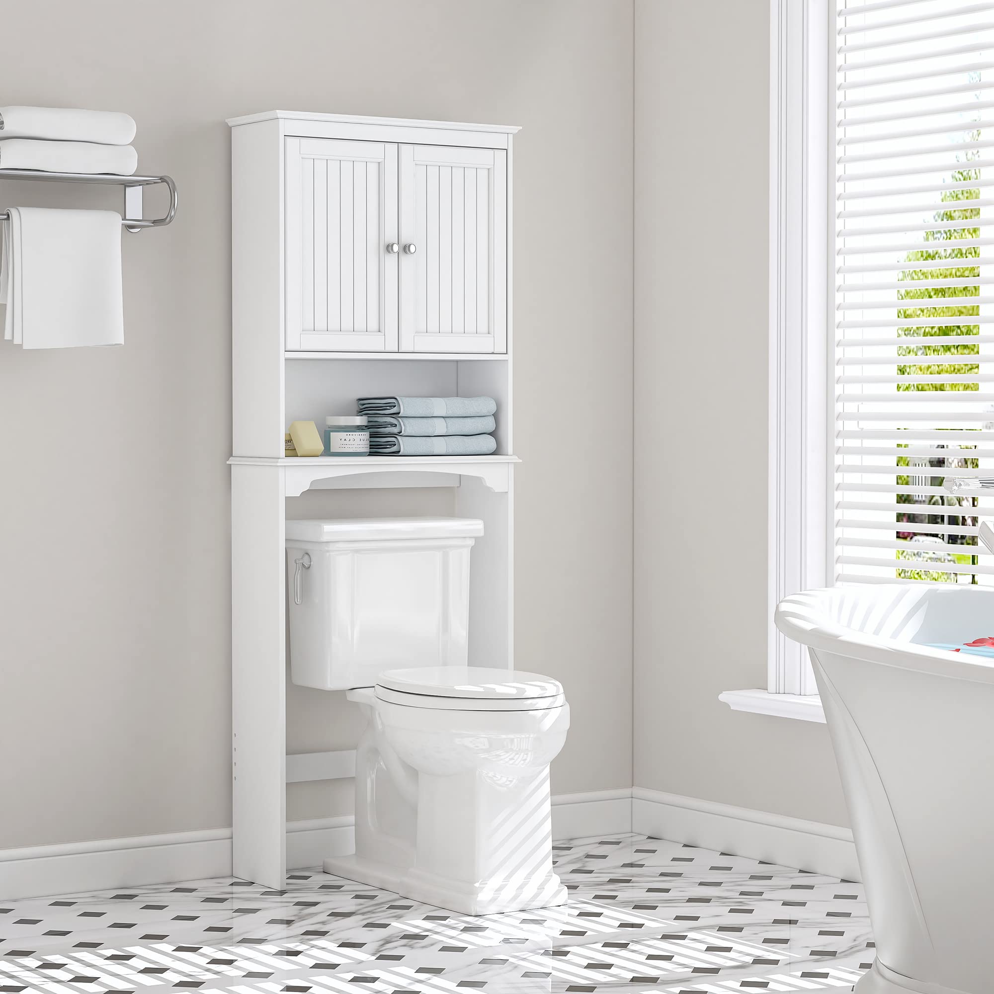 White Over The Toilet Storage Cabinet - Bathroom Shelf Organizer with 3-Tier Space Saving Design for Towels, Toiletries & Decor - Perfect for Small Bathrooms, Apartments & Powder Rooms