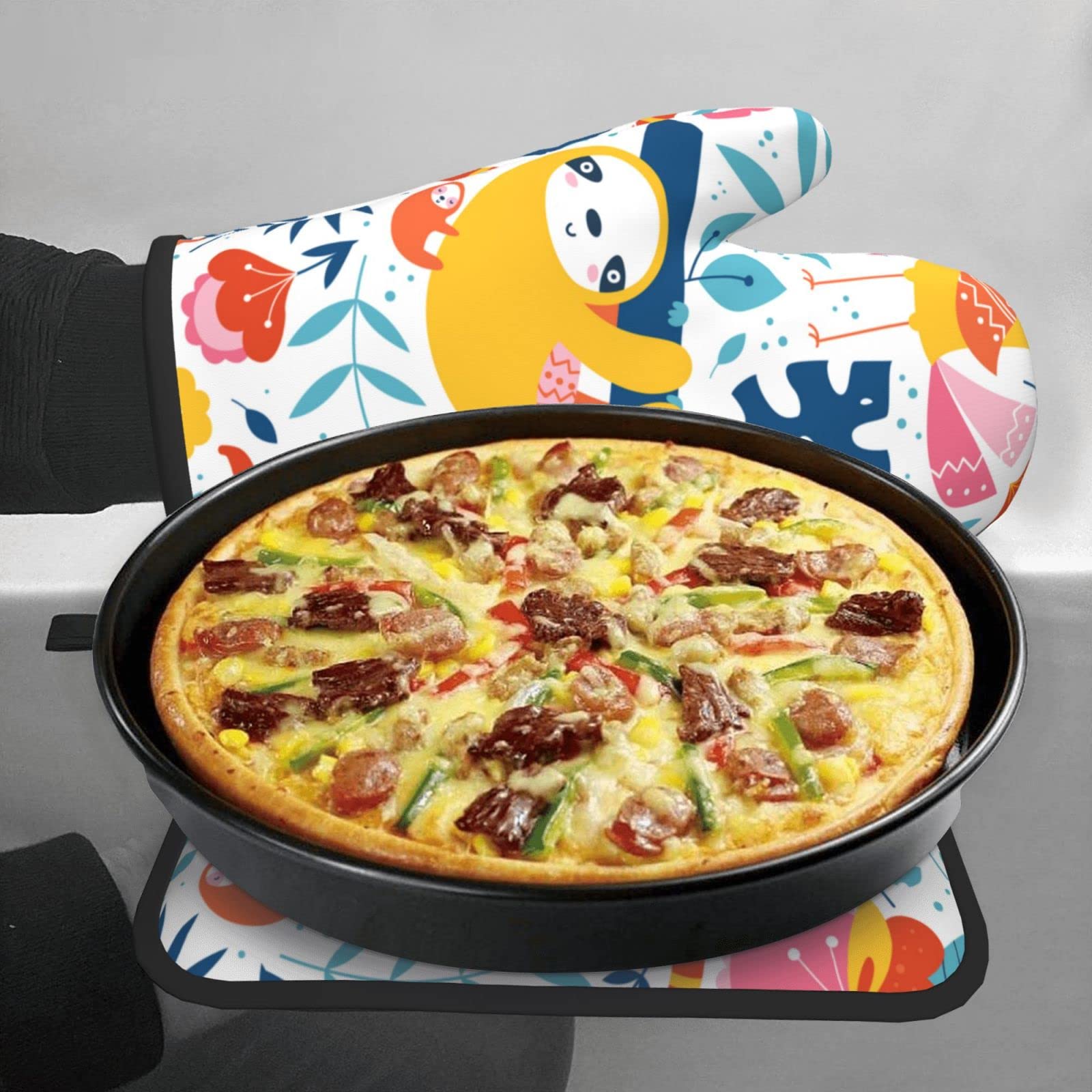 Sloth Pattern Heat Resistant Oven Mitts & Pot Holders Set - Kitchen Cooking & Baking Accessories for Grilling, Roasting, and Food Handling
