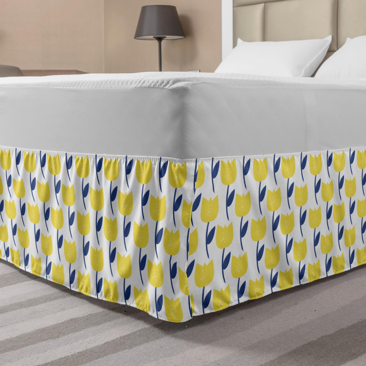 Ambesonne Tulip Bedskirt - Floral Spring Design with Elastic Wrap Around & Gathered Trim, Queen Size in Night Blue & Mustard | Perfect for Bedroom Decor, Guest Room Styling, and Seasonal Home Refresh
