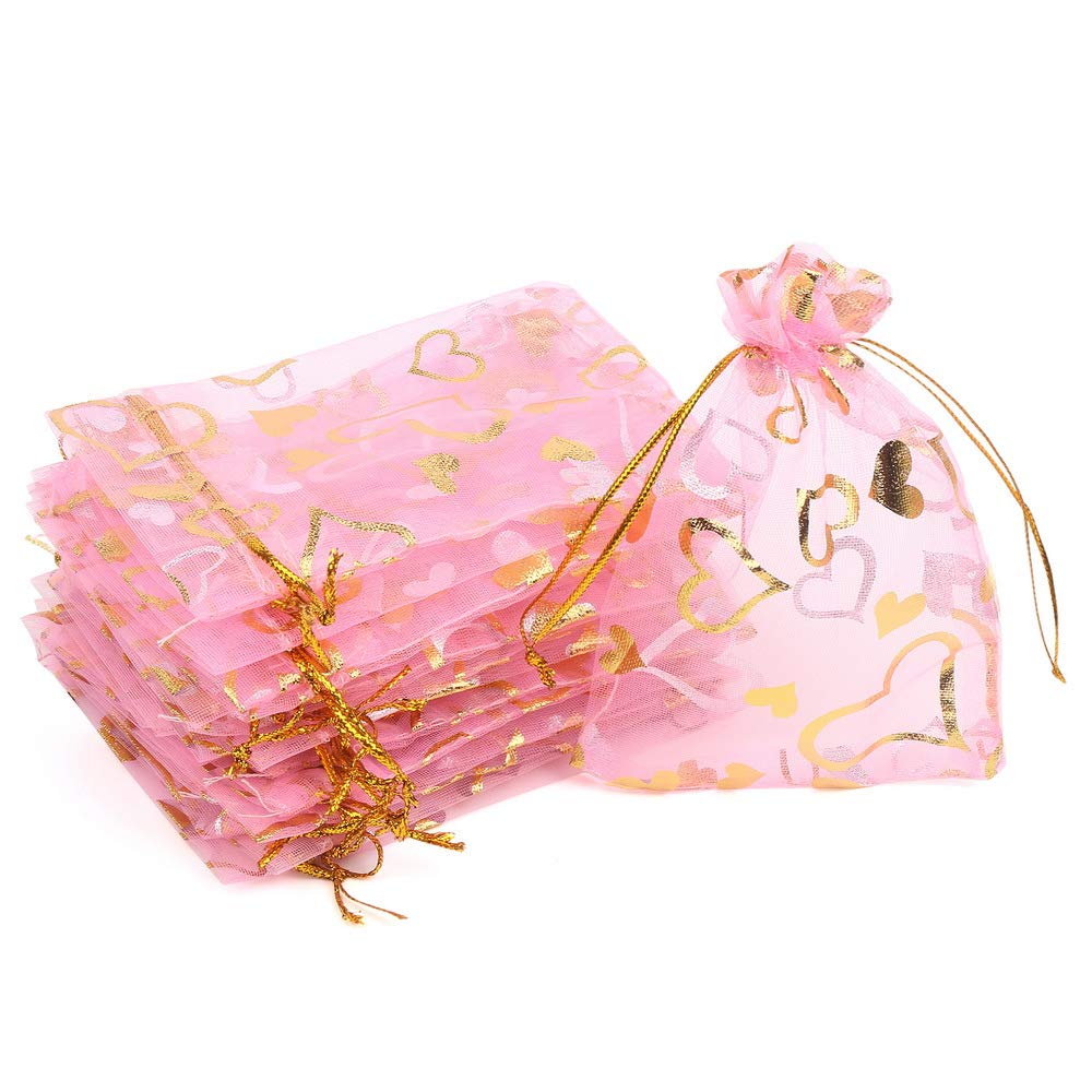 LOAVER 3.5x4.7 Inches Heart Printed Orchid Organza Gift Bags - 100Pcs Gold Heart Pink Favor Bags for Wedding, Baby Shower, Birthday Party & Candy Packaging