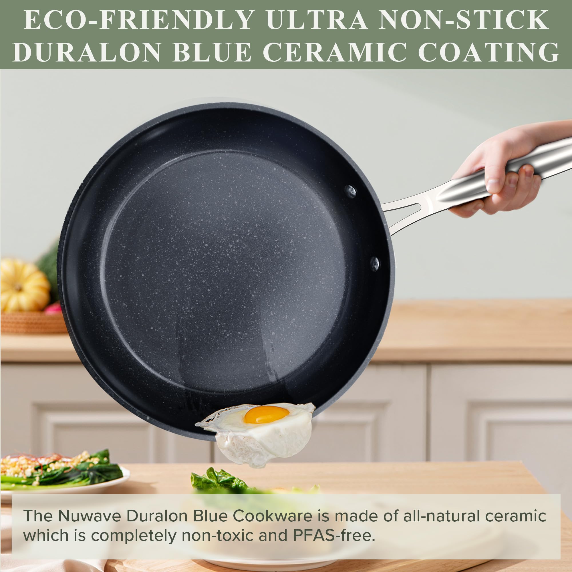 Nuwave Healthy Duralon Blue Ceramic Nonstick Cookware Set - Diamond Infused Scratch-Resistant, PFAS Free, Dishwasher & Oven Safe, Induction Ready with Even Heating, Tempered Glass Lids & Stay-Cool Handles - Perfect for Frying, Sauteing & Baking in Modern Kitchens