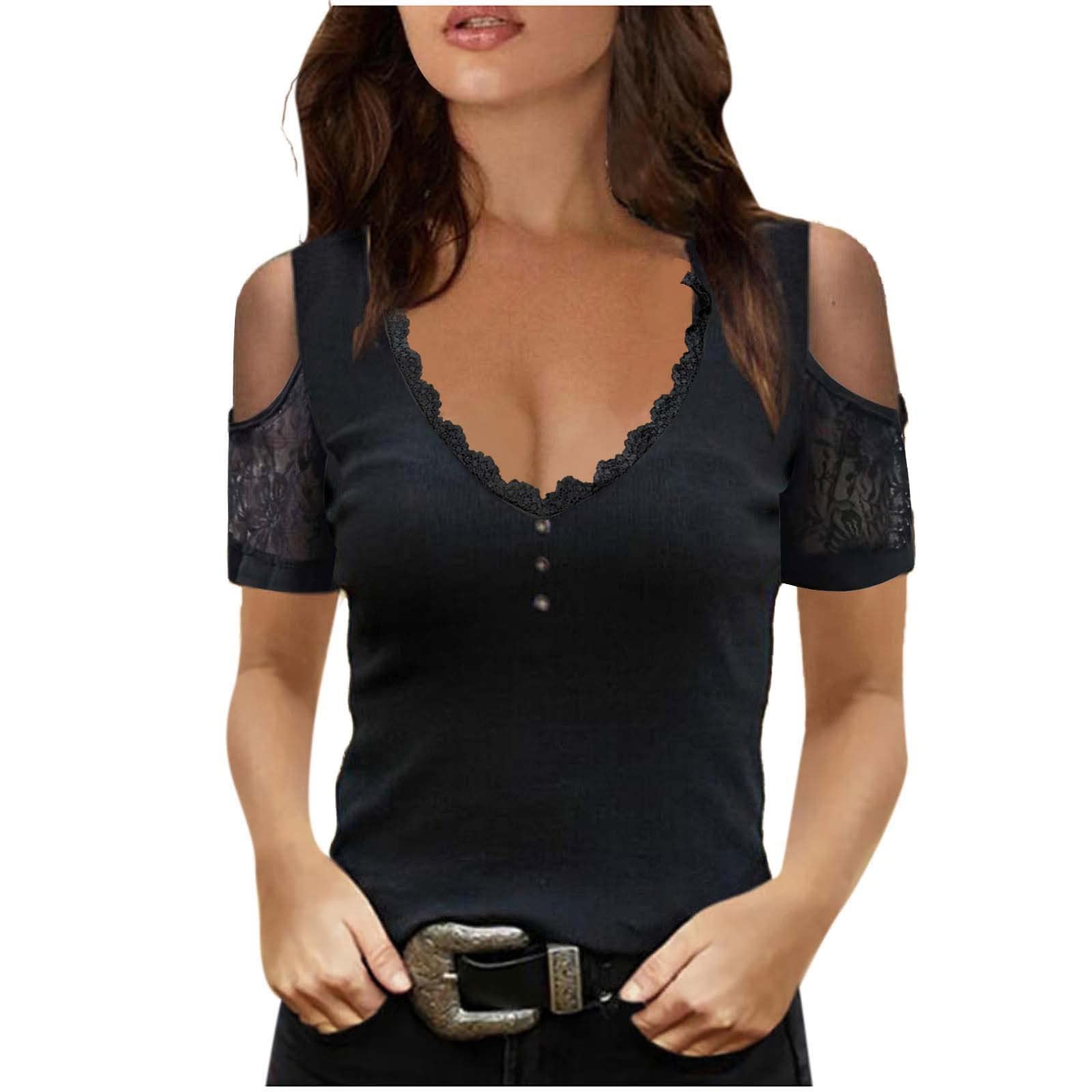 Women's Trendy Summer V-Neck Strapless Lace Print Halter Blouses - Sexy Dressy Tops for Party, Date Night & Special Occasions