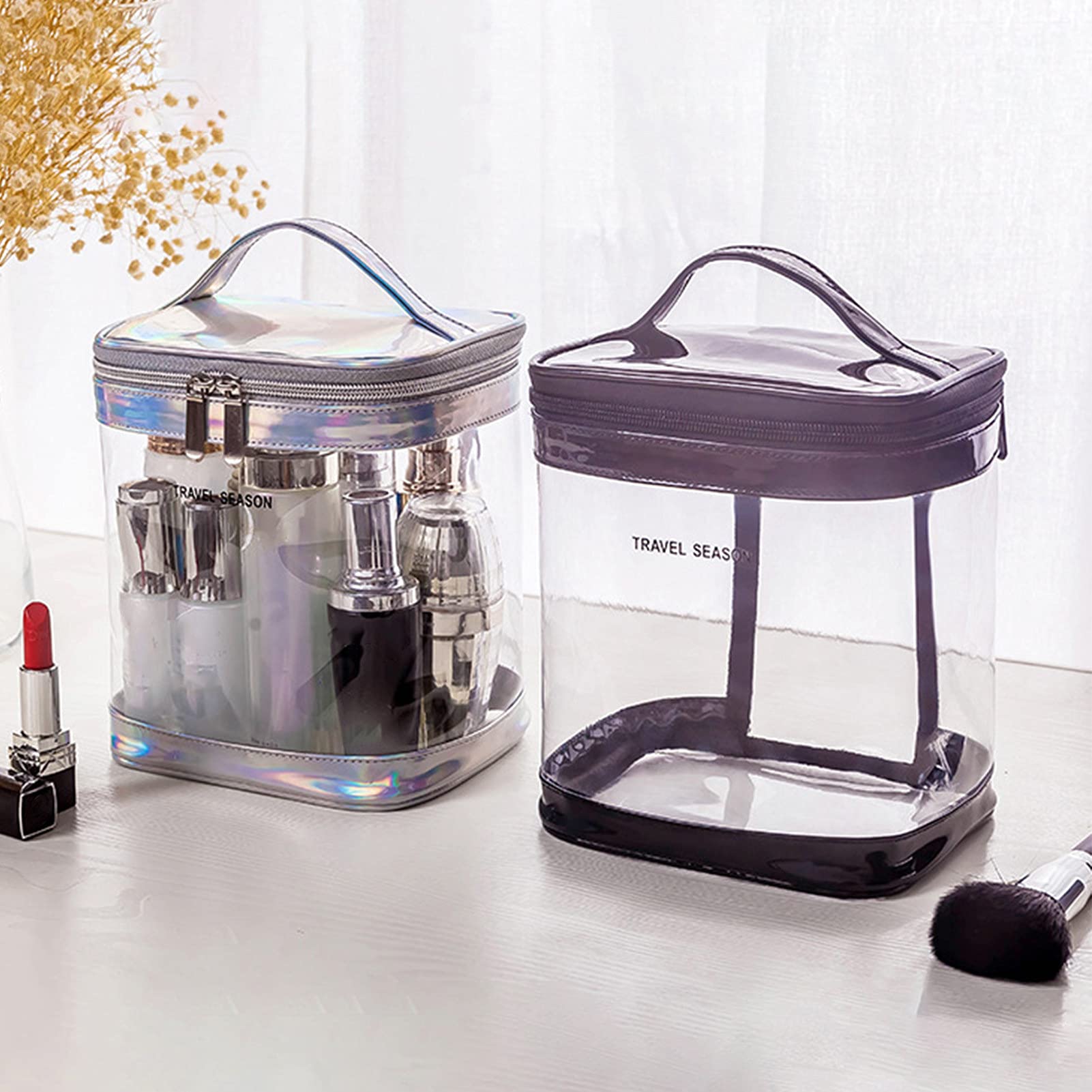 Transparent PVC Travel Toiletry Bag with Handle - Waterproof Makeup Organizer for Cosmetics, Bottles & Bathroom Essentials - Perfect for Air Travel, Gym & Home Organization (Black)