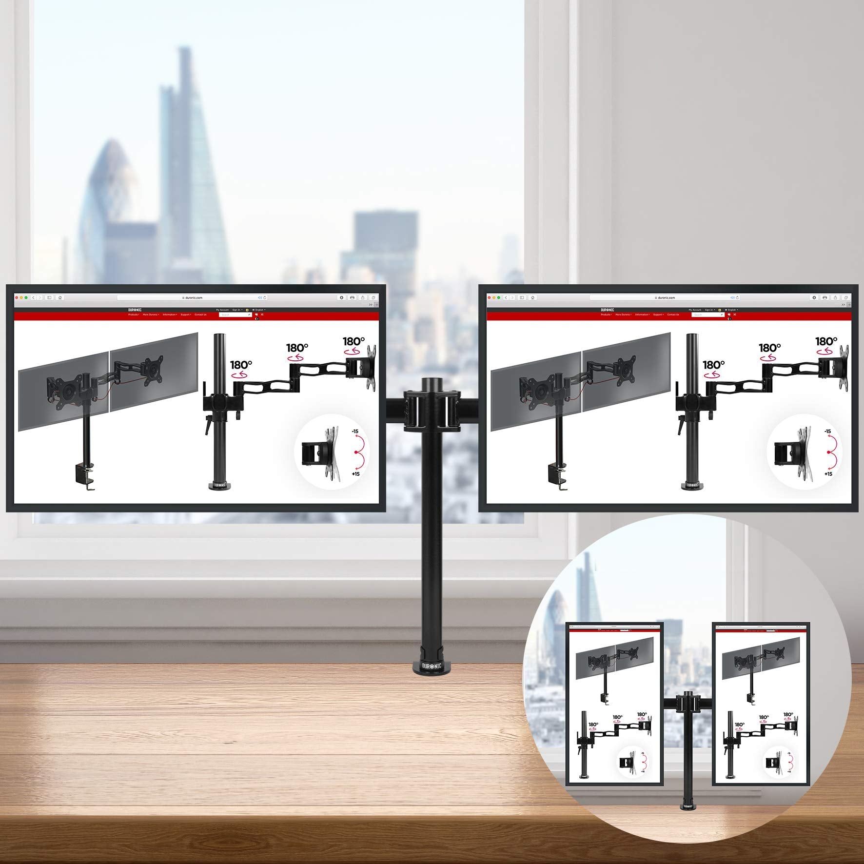 Duronic DM252 BK Dual Monitor Stand - Adjustable Black Twin Arm Mount for 13-27 Inch Screens | VESA 75/100 Compatible | Ergonomic Height Adjustment for PC, Gaming & Office Work | Perfect for Home Office Setup, Streaming Studio & Multi-Tasking Workspace