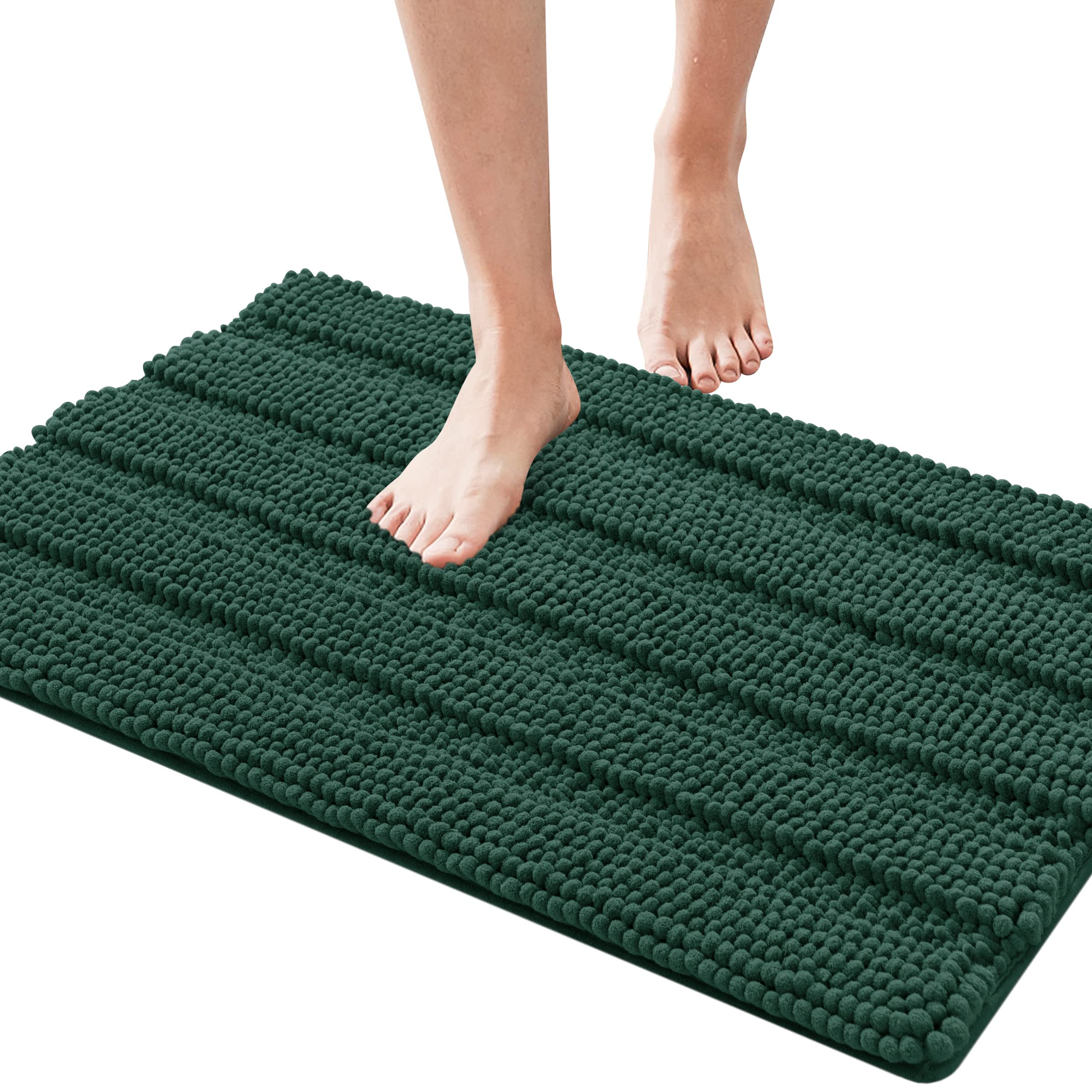 SUBRTEX Chenille Bath Rug - Soft Plush Striped Bath Mat for Bathroom, Water Absorbent & Quick Dry Shower Mat, Machine Washable (Green, 16x24 Inches) - Perfect for Bathroom, Shower & Vanity Areas
