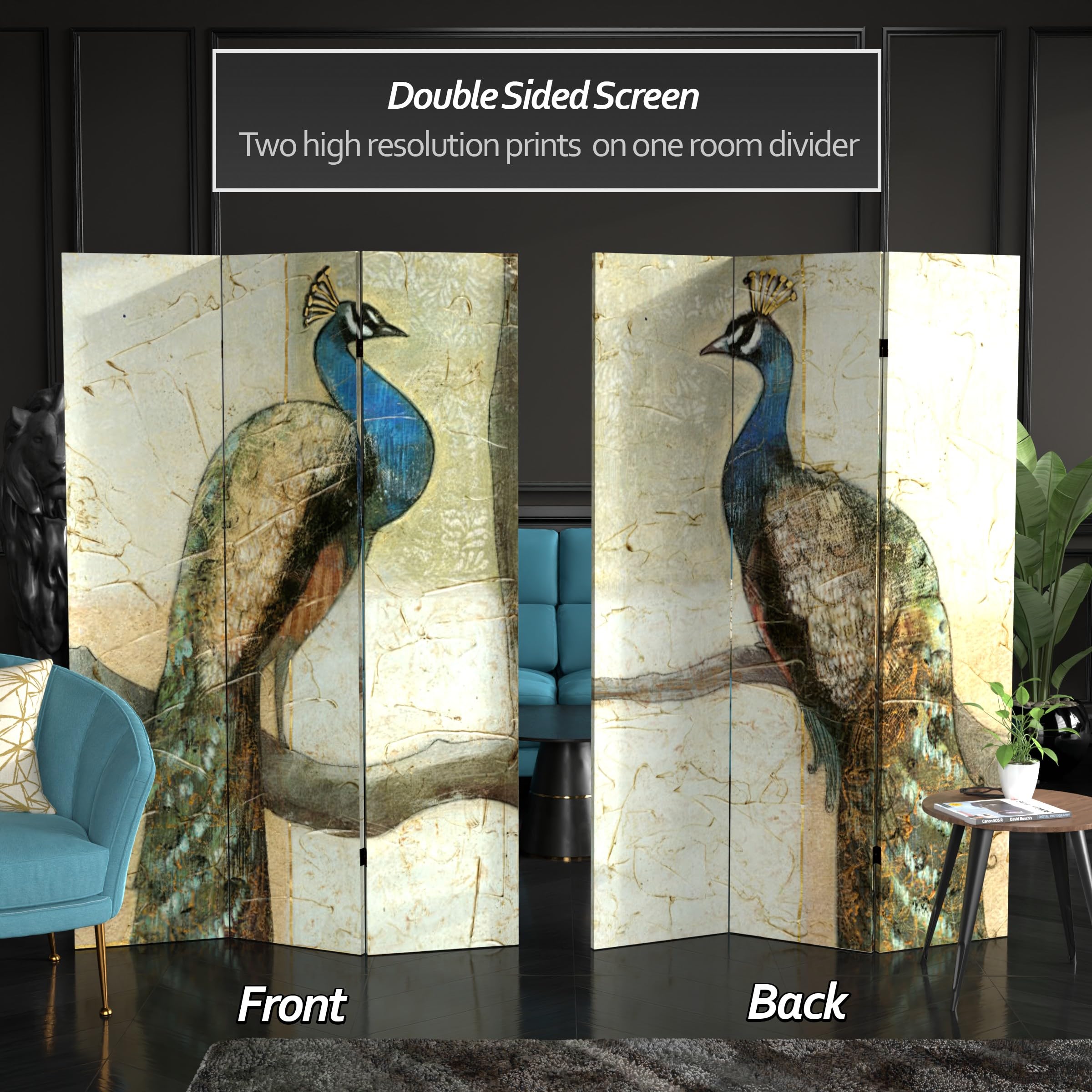 6 ft. Tall Double Sided Peacock Canvas Room Divider - Handmade Beige Folding Screen for Home Decor, Office Partition & Wedding Backdrop | Traditional Chinese Red Lantern Design