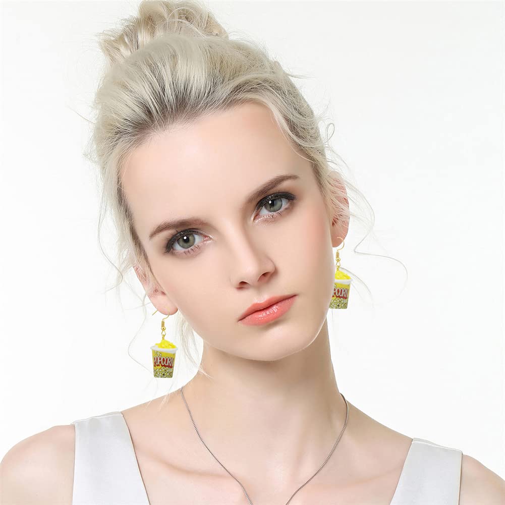 Handmade Resin Popcorn Earrings - Cute Cartoon Food Drop Earrings for Girls, Fun Gift Idea for Movie Nights & Snack Lovers