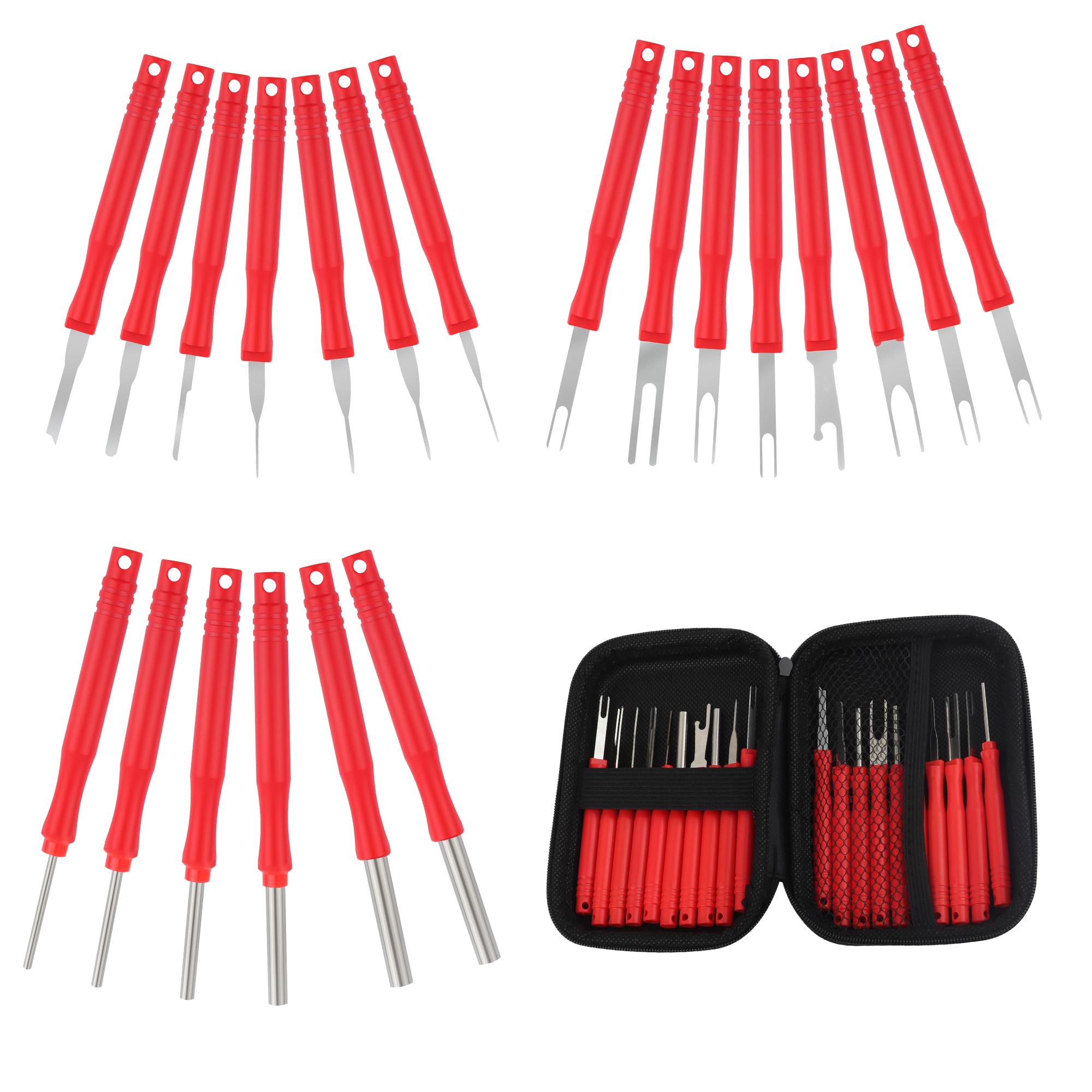 21PCS Automotive Terminal Removal Tool Kit with Zipper Case - Stainless Steel Electrical Pin Extractor, Depinning Tool Set for Car Connectors (Red) | Perfect for Auto Repair, Electrical Maintenance & DIY Projects