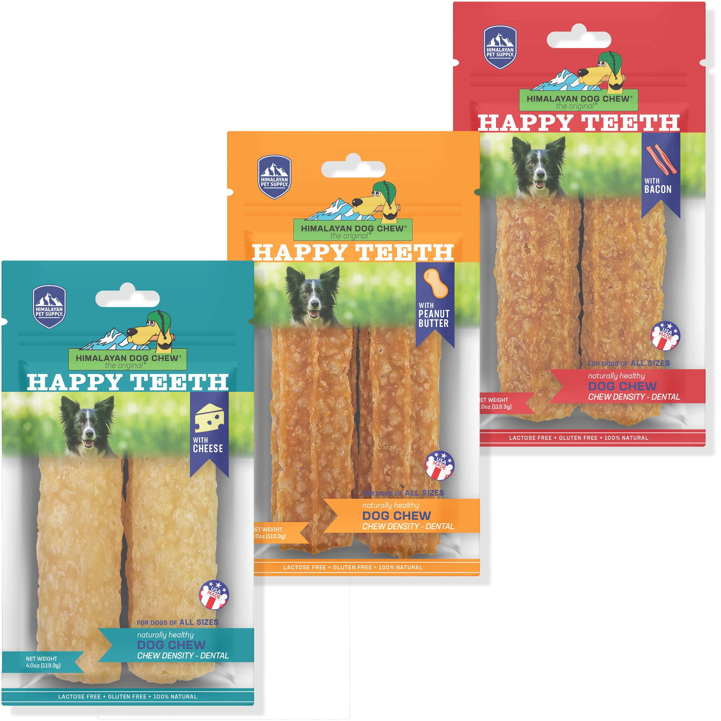Happy Teeth Natural Cheese Dog Chews - Dental Treats for Dogs | Gluten Free, Lactose Free, Wheat Free, Soy Free | Cheese, Peanut, Bacon Flavors | 2 Chews per Resealable Pouch, 3 Pouches per Pack | Promotes Oral Health & Fresh Breath - Perfect for Training, Rewards, and Daily Dental Care
