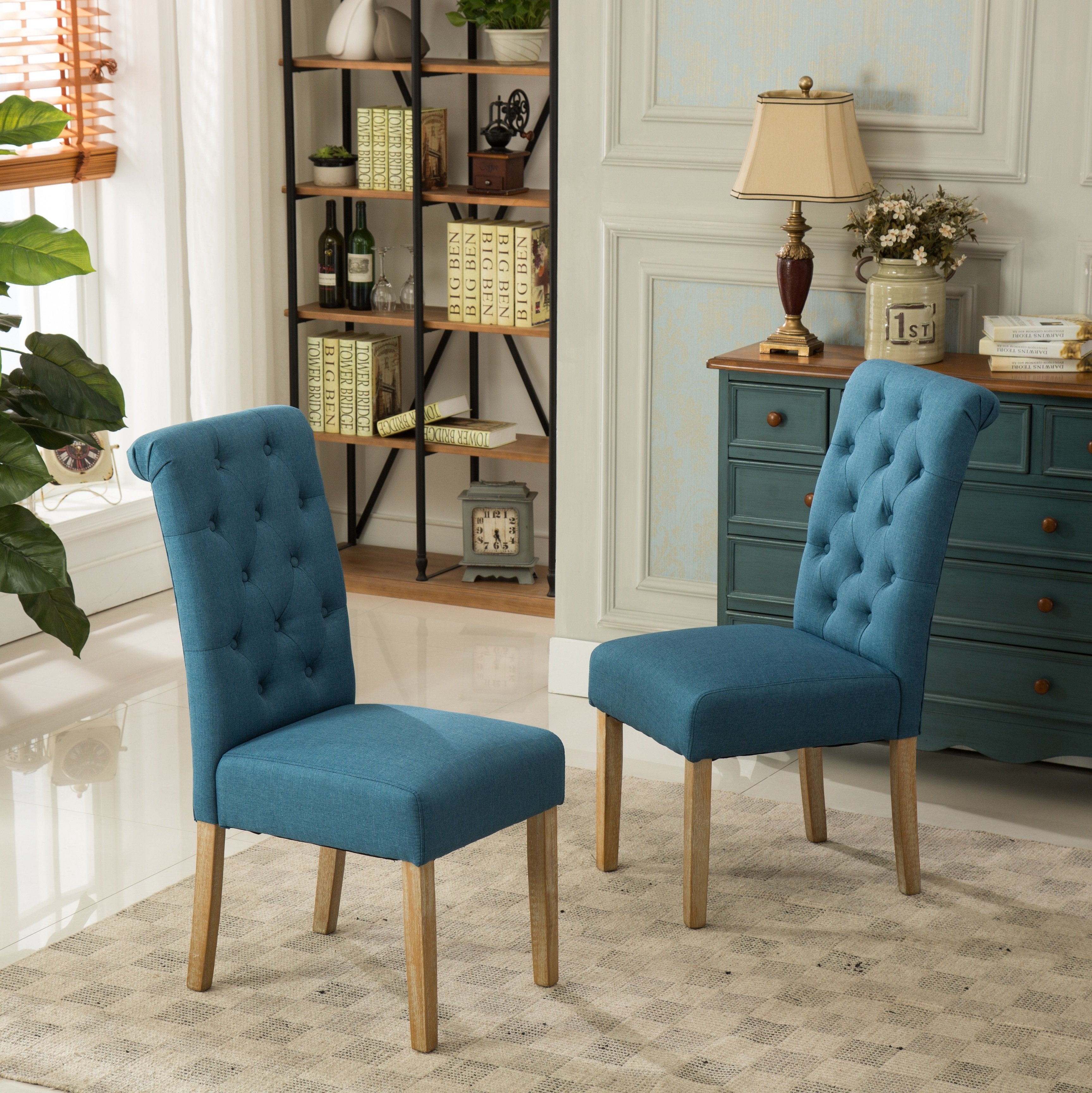 Roundhill Furniture Habit Solid Wood Tufted Parsons Dining Chair - Blue Set of 2 - Elegant Modern Dining Room Chairs for Kitchen, Breakfast Nook, and Home Office