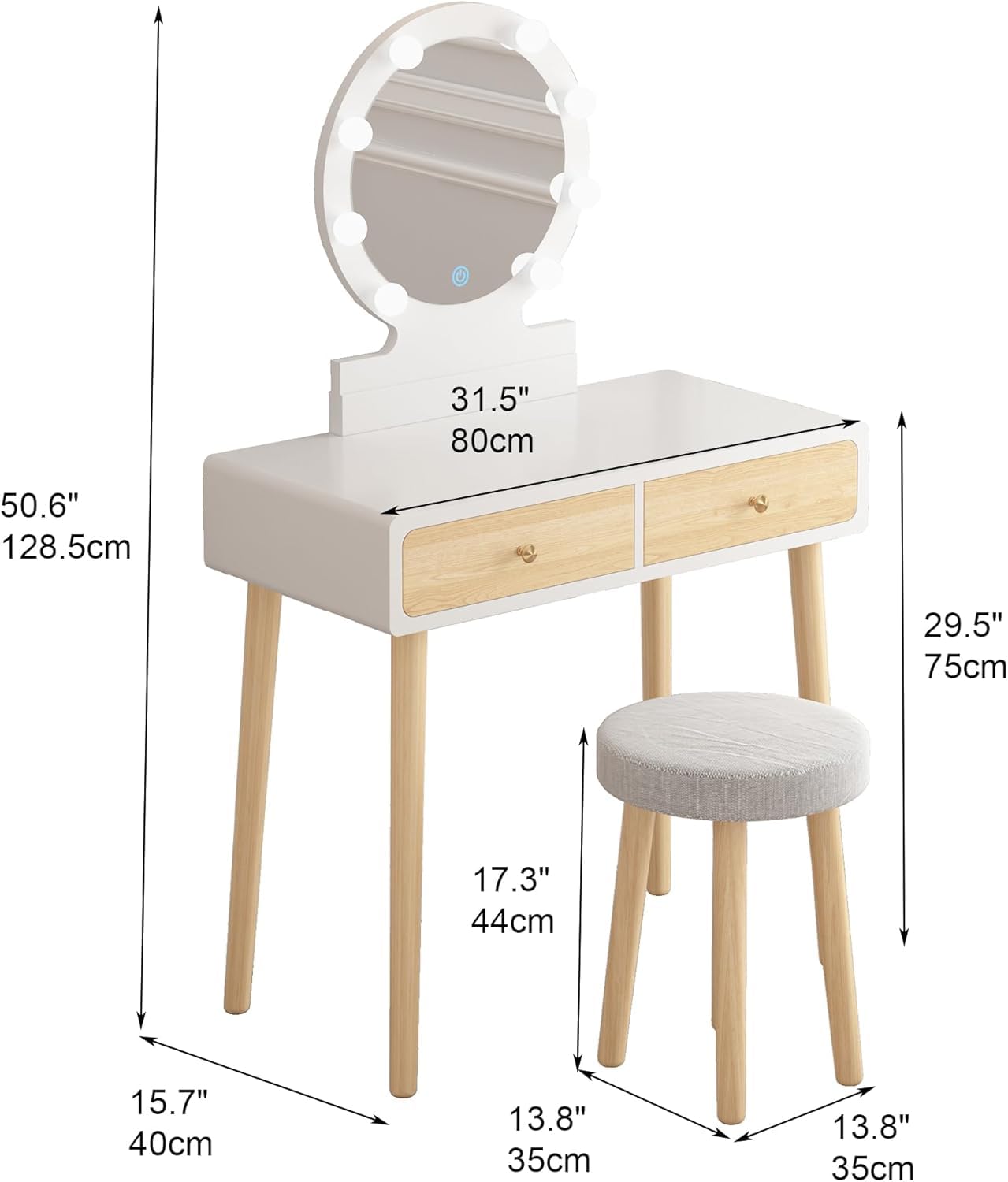 GARVEE 31.5 Inch White Vanity Desk with Stool & Touch Light Mirror - Makeup Table with 2 Drawers for Bedroom, Dressing Room & Beauty Salon | Modern Dressing Table for Women & Girls