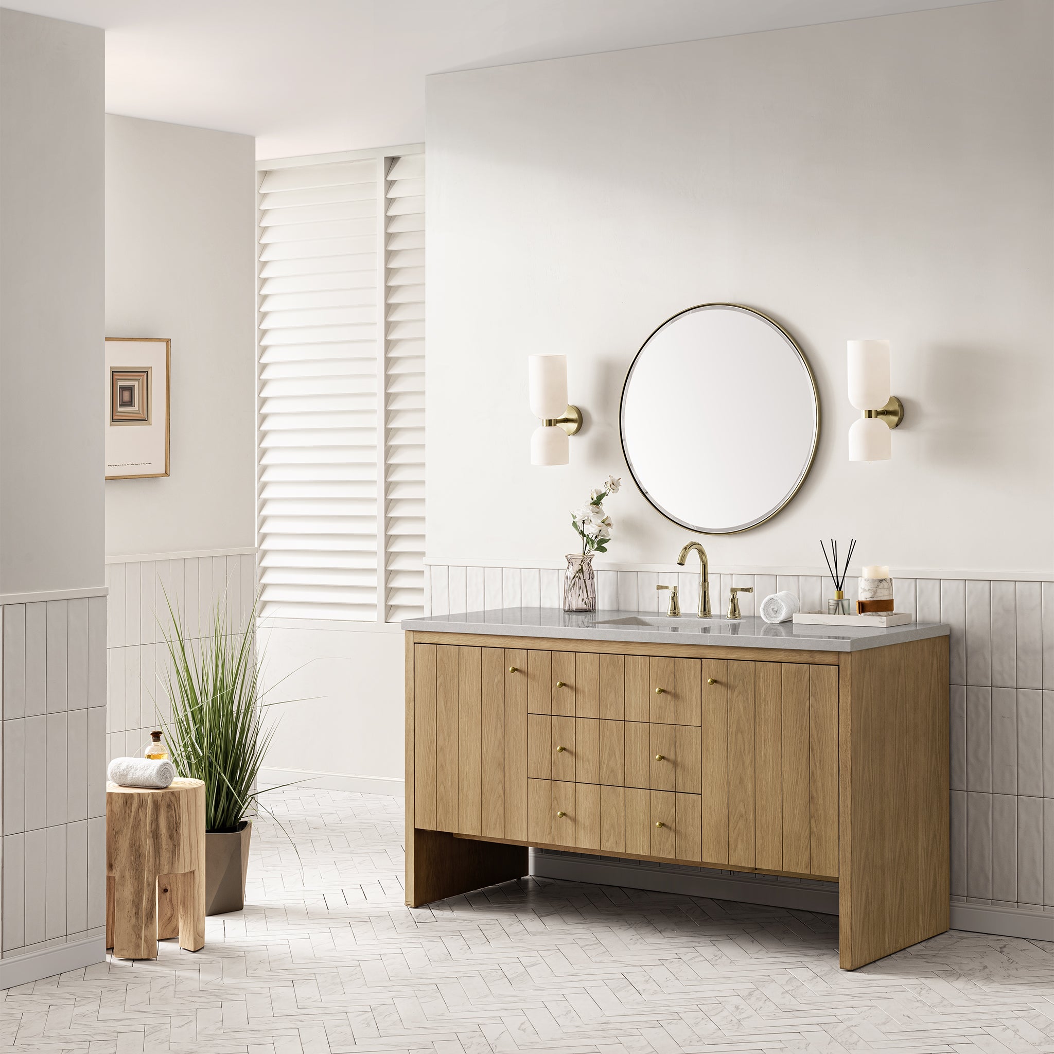 Hudson 60 Inch Single Bathroom Vanity with Light Natural Oak Finish & 3CM Eternal Serena Stone Top - Perfect for Modern Master Bathrooms and Powder Rooms