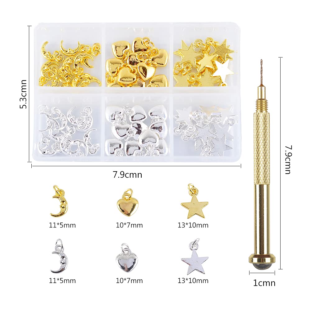 **Gold Silver Moon Star Heart Nail Jewelry Rings with Piercing Tool - Hand Drill Nail Art Dangle Charms for Acrylic Nails DIY Decoration | Perfect for Nail Salons, Parties & Gifts**
