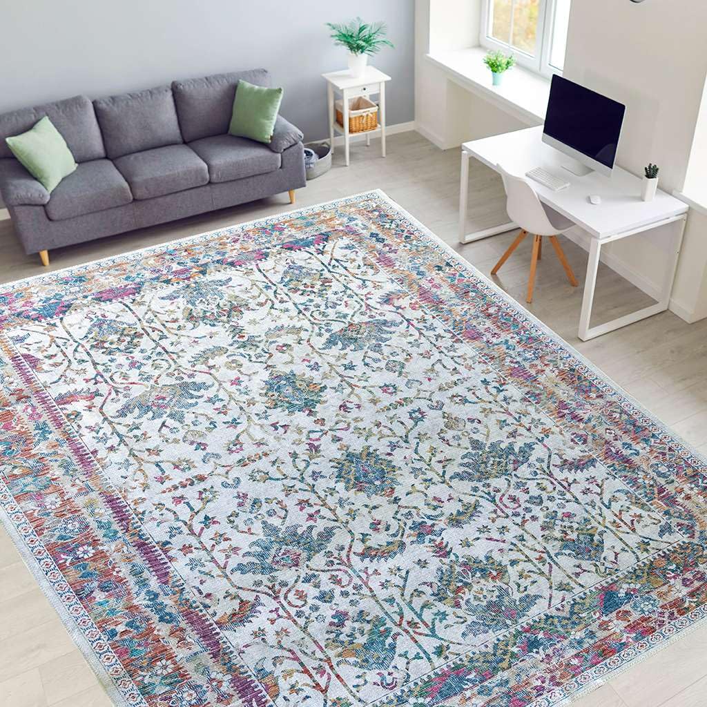 Soft Woven Cotton Area Rug 9x12 Feet - Machine Washable, Non-Slip & Stain Resistant - Vintage Floral Design for Living Room, Bedroom, Hallway - Pet Friendly & Non-Shedding - White Multi Flower Home Decor Rug