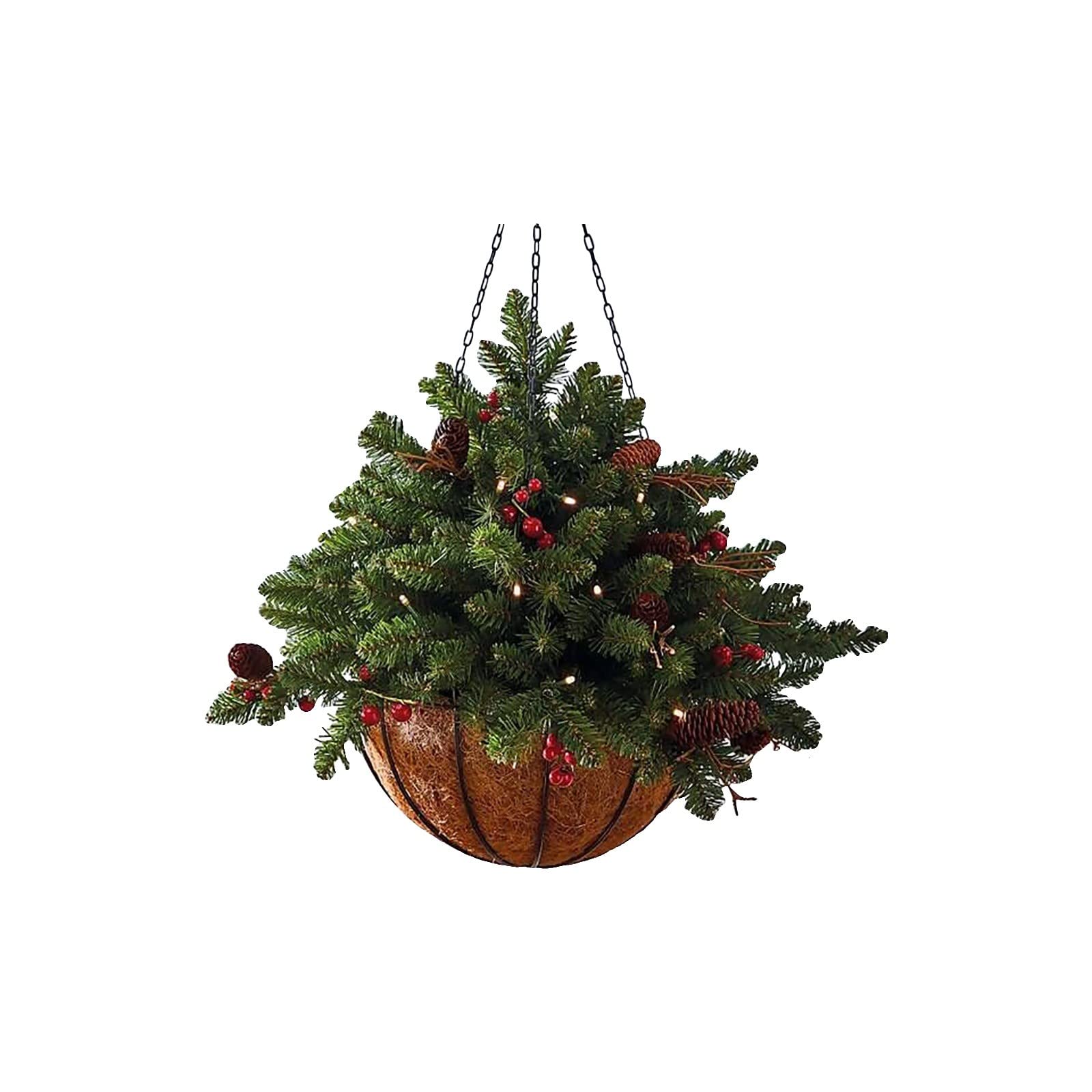 Pre-Lit Artificial Christmas Hanging Basket with LED Lights - Frosted Berry & Pine Cone Decor - Holiday Home & Outdoor Decorations for Porch, Window, Fireplace Mantel