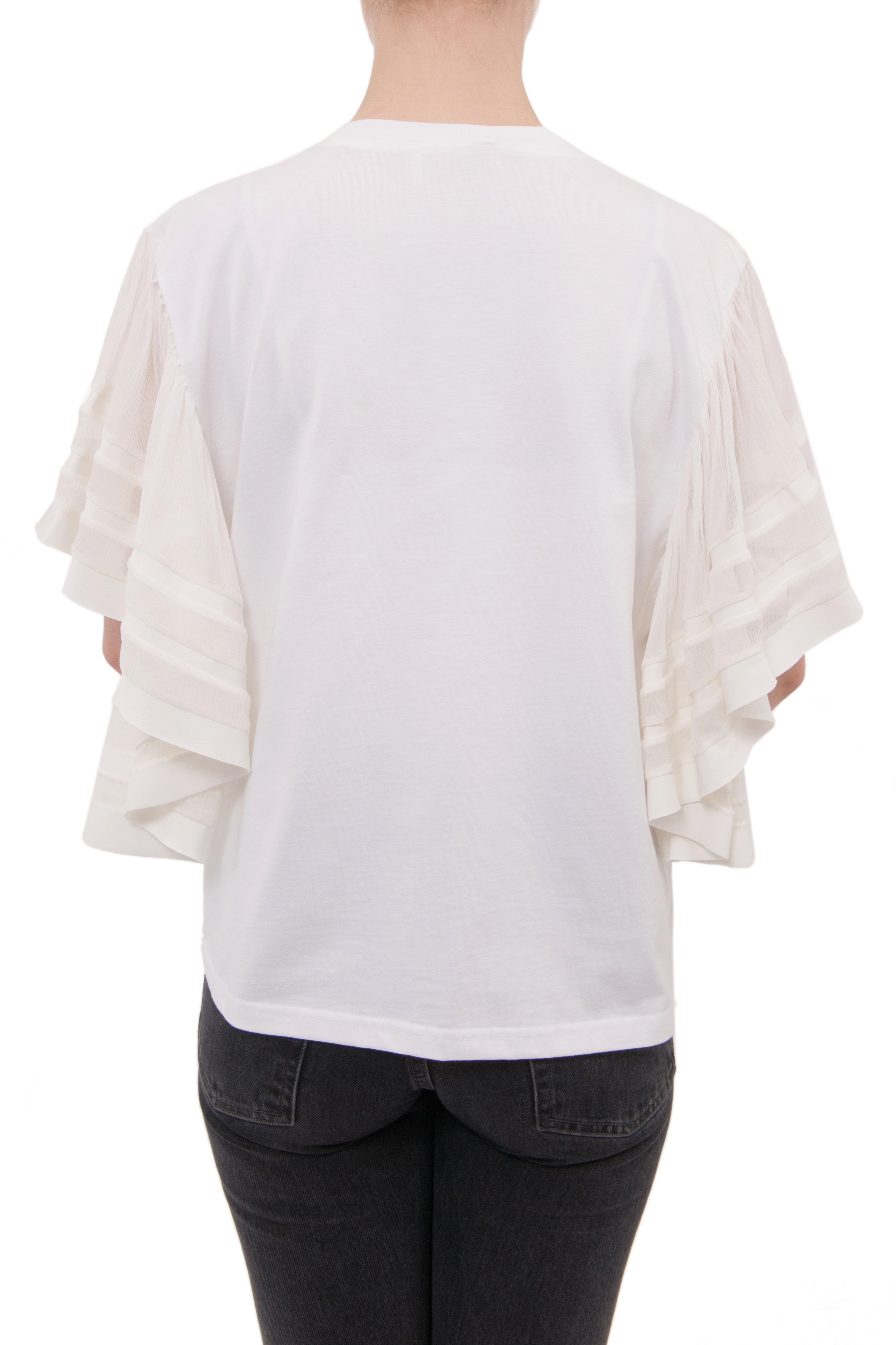 Chloe Spring 2017 Women's White T-Shirt with Ivory Silk Chiffon Ruffle Sleeves - Elegant Blouse for Casual Wear, Office Outfits & Spring Fashion
