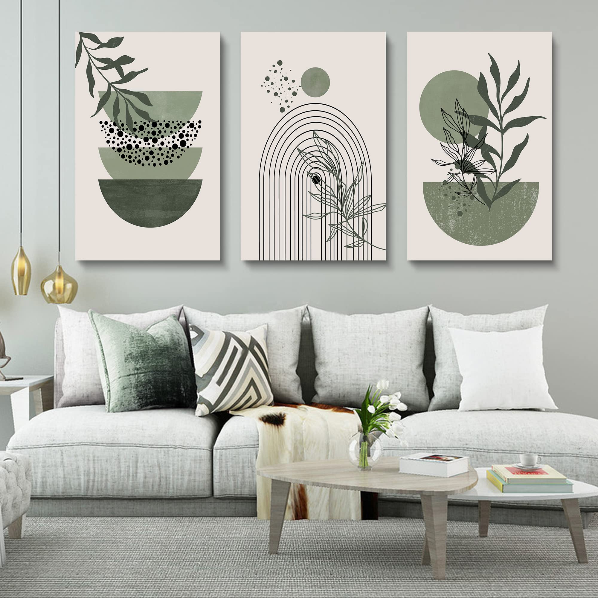 Sage Green Wall Posters & Prints - Set of 3 Boho Minimalist Framed Wall Art with Geometric Line, Leaf, Sun & Moon Designs on Beige Green Canvas Paintings | Perfect for Living Room, Bedroom & Office Decor