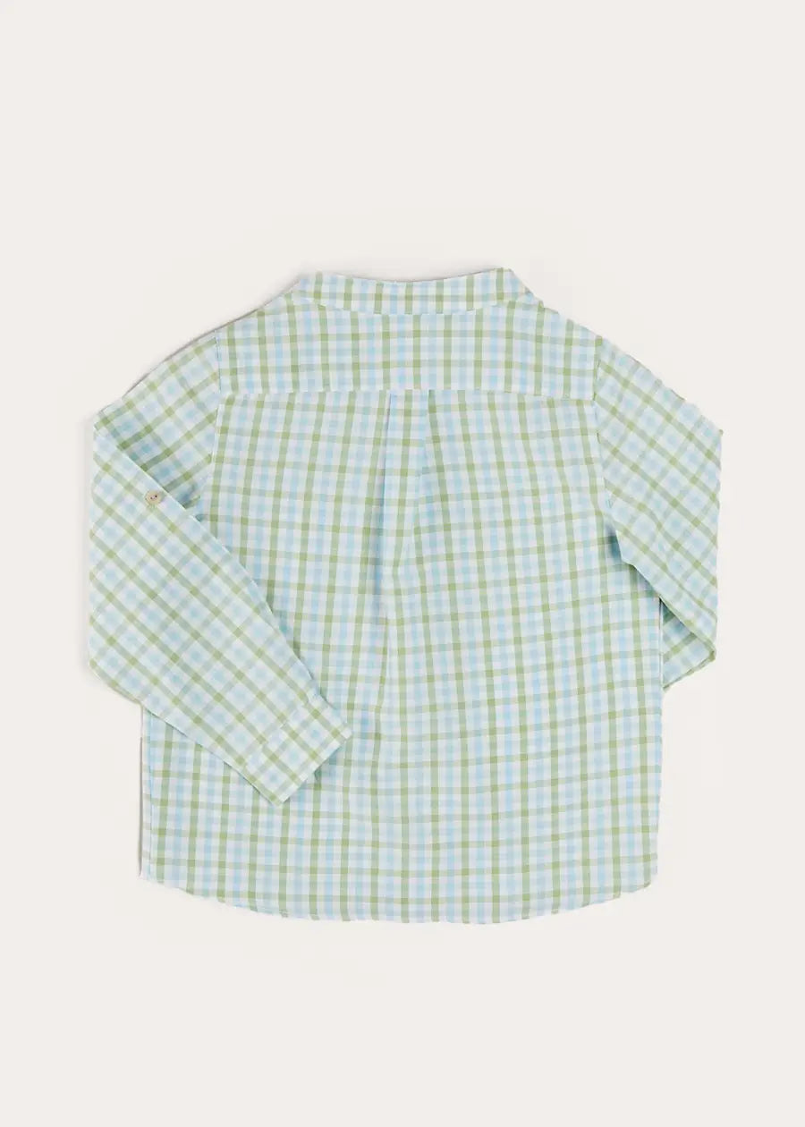 Maxwell Gingham Checkered Long Sleeve Button-Down Shirt with Mao Collar - Green Plaid Casual Top for Boys (3-10 Years) | School, Party & Family Outing Wear