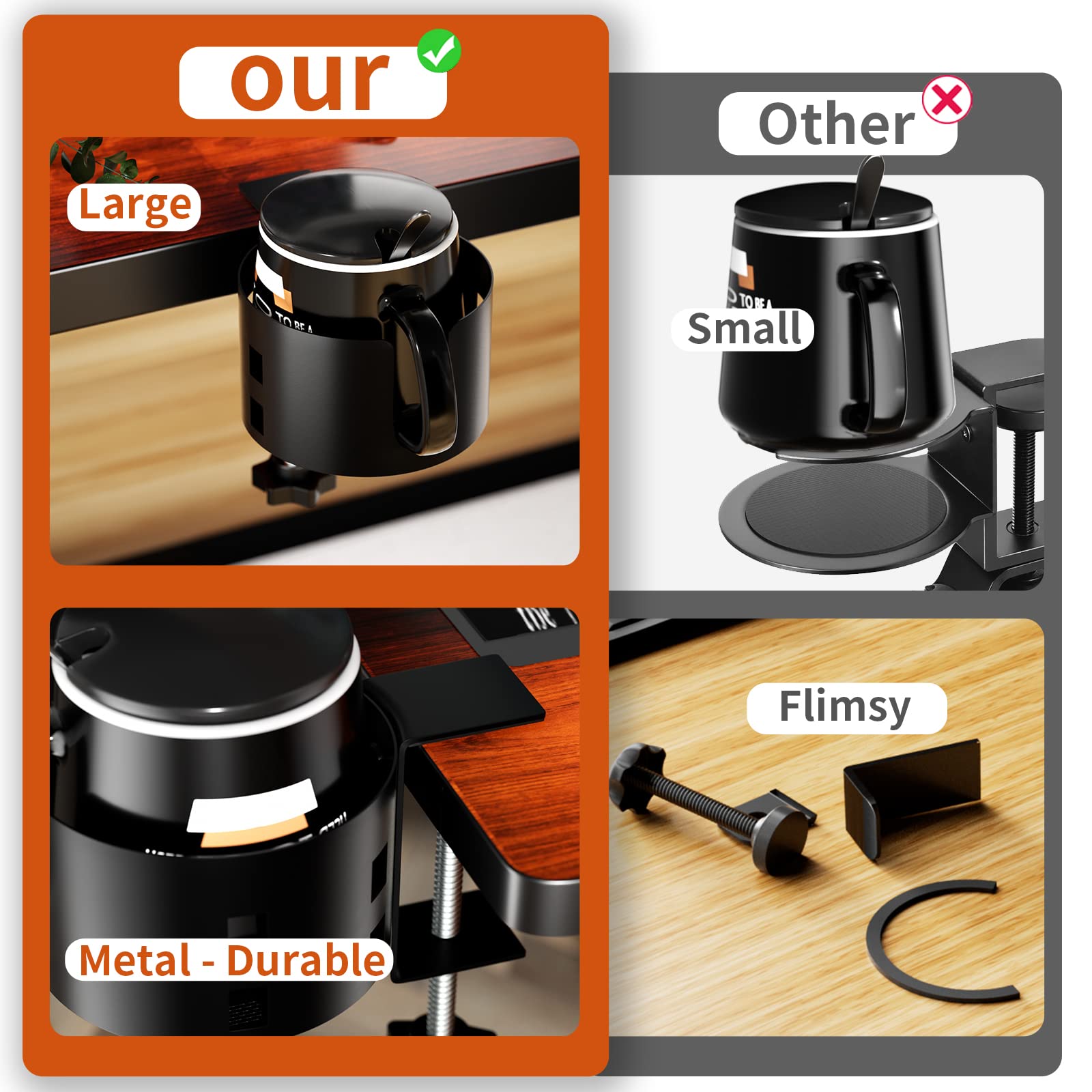 Upgraded Large Desk Cup Holder Clamp - OOKUU Anti-Spill Metal Office & Gaming Desk Accessory - Universal Fit for Cups, Bottles & Pencil Holders (Black) - Perfect for Workstations, Home Office & Gaming Setups