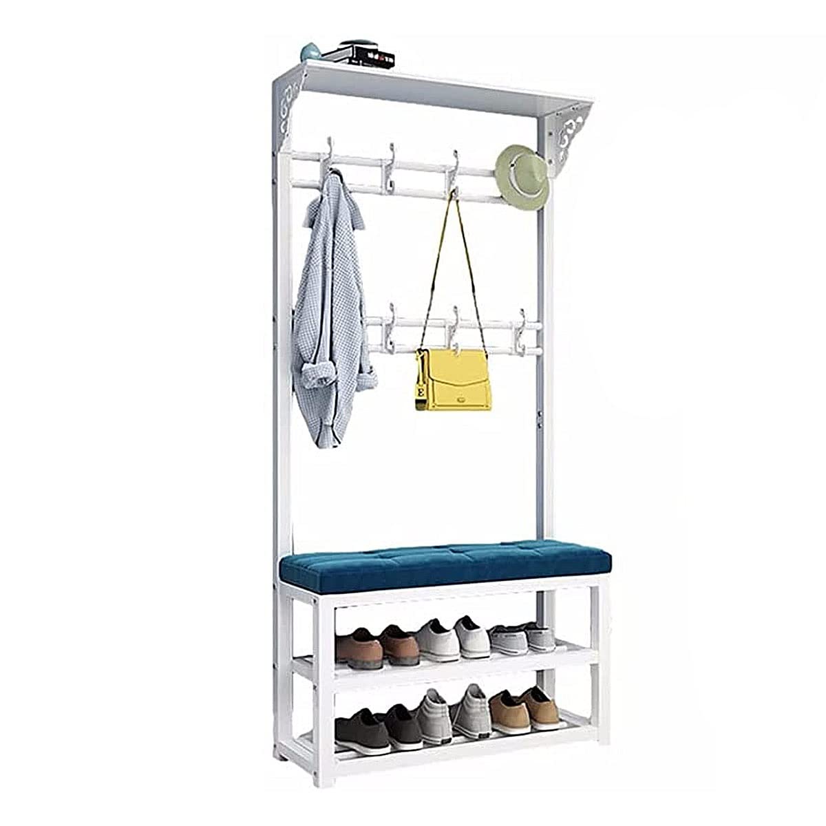 3-in-1 OTBK Entryway Hall Tree with Coat Rack, Shoe Bench & Storage - White Metal Frame Organizer for Clothes, Shoes, Baskets, Boots, Bags & Umbrellas (60x30x172cm) - Perfect for Small Spaces, Apartments & Mudroom Organization