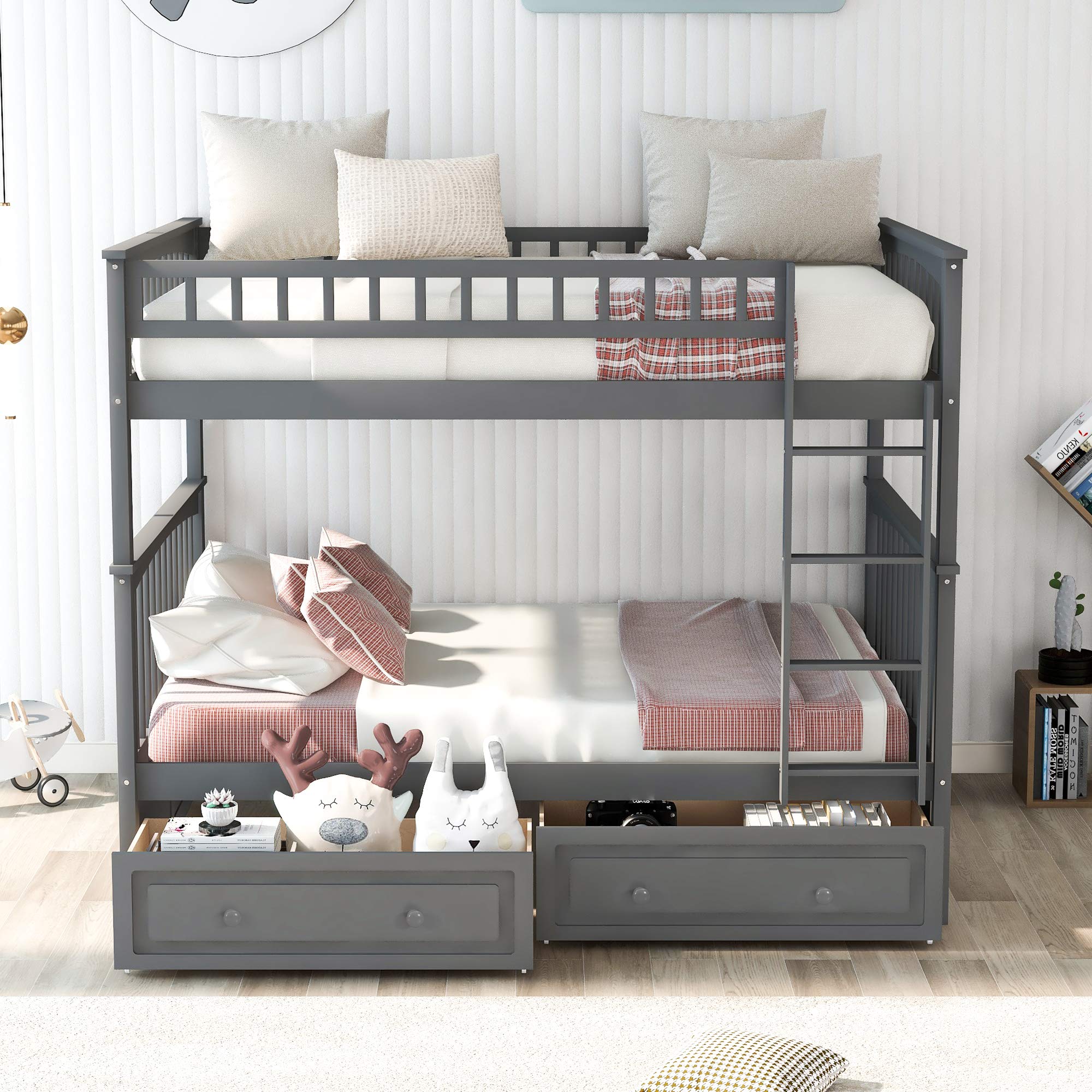 Harper & Bright Designs Full Over Full Wood Bunk Bed with 2 Storage Drawers & Ladder - Convertible to Twin Full Size Daybeds - Space Saving Kids Bedroom Furniture for Small Rooms & Guest Houses (Grey)