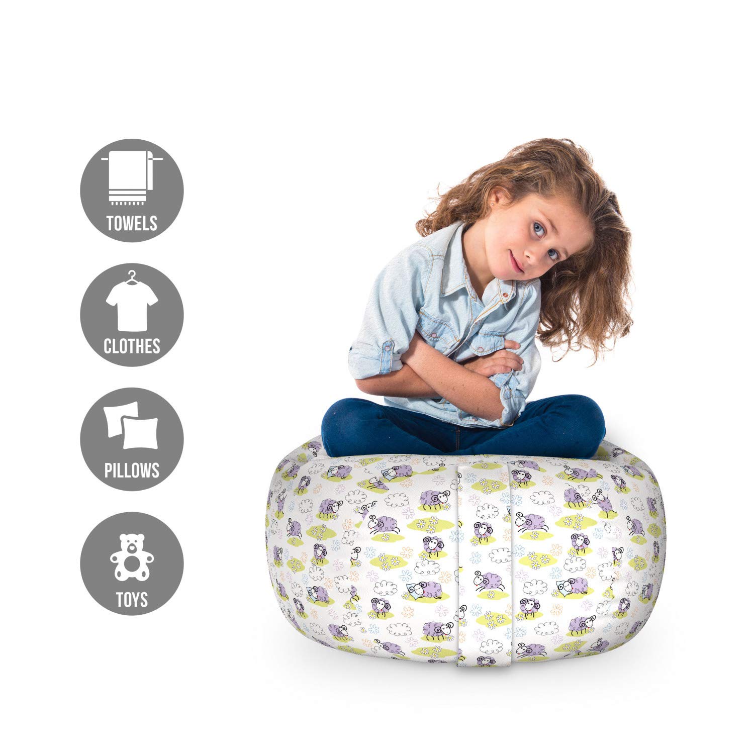Ambesonne Cartoon Storage Toy Bag Chair - Sheep with Clouds Dots Happy Animals Print, Stuffed Animal Organizer Washable Bag (Small Size, Lavender) | Kids Room Decor, Playroom Storage, Nursery Organization