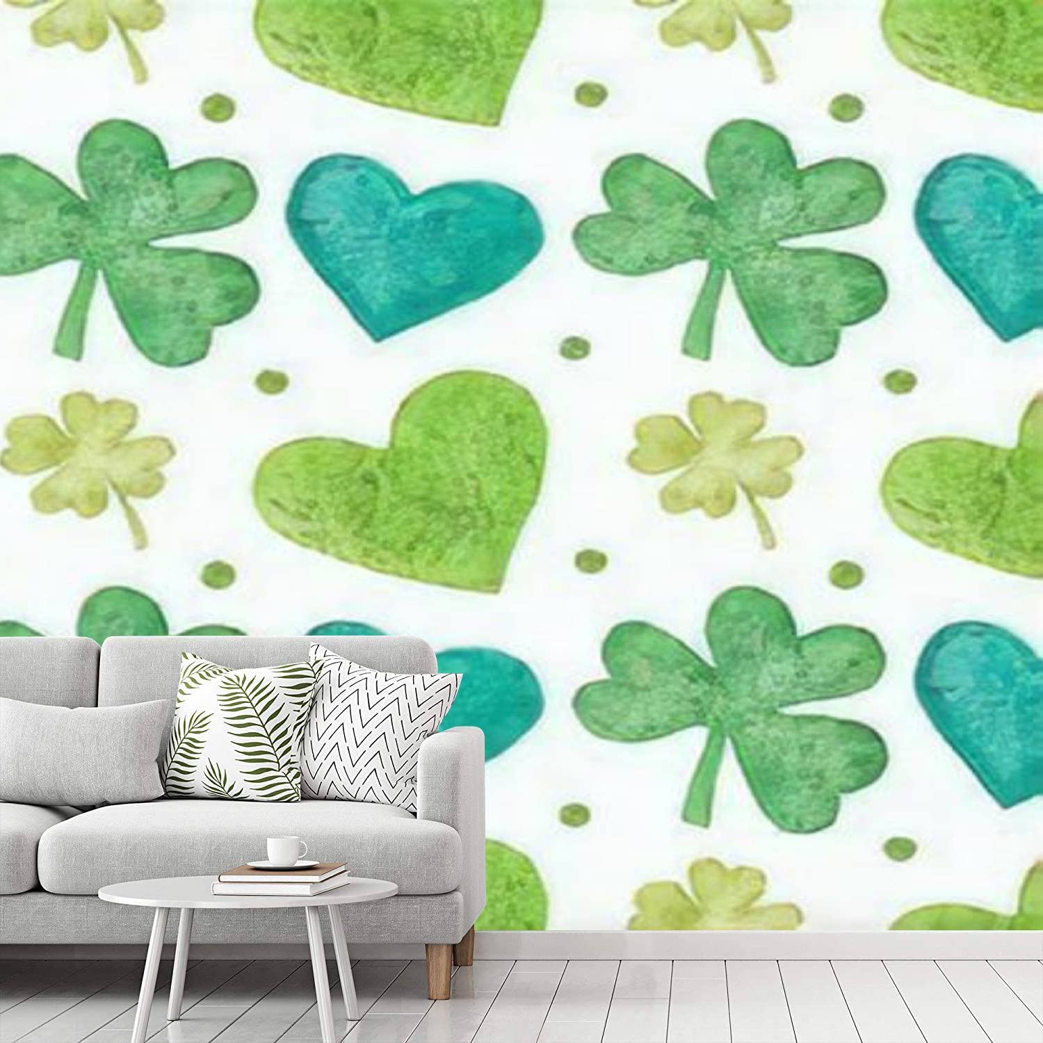 Peel and Stick Wallpaper - Watercolor Seamless Clover Leaves with Green Hearts on White Background | Self-Adhesive Removable Contact Paper for Home, Bedroom & Living Room Decor | Perfect for Accent Walls, Nursery, Dorm and Rental Spaces