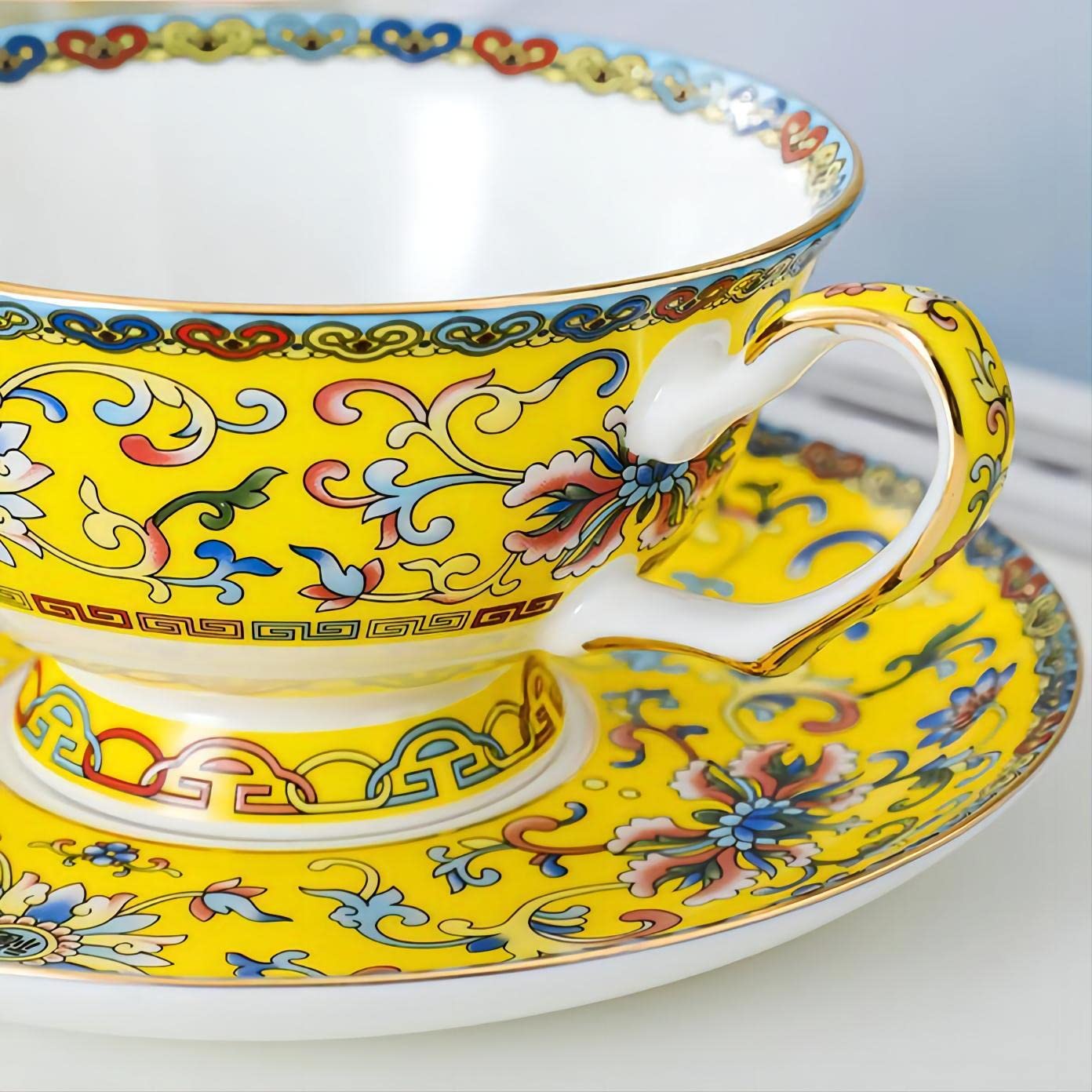 Premium 7 oz European Ceramic Bone China Coffee Cups Set of 2 with Saucers & Metal Holder - Elegant Yellow Design for Au Lait, Latte, Mocha, Tea & Cappuccino - Perfect Mother's Day Gift for Home, Cafe & Restaurant Use