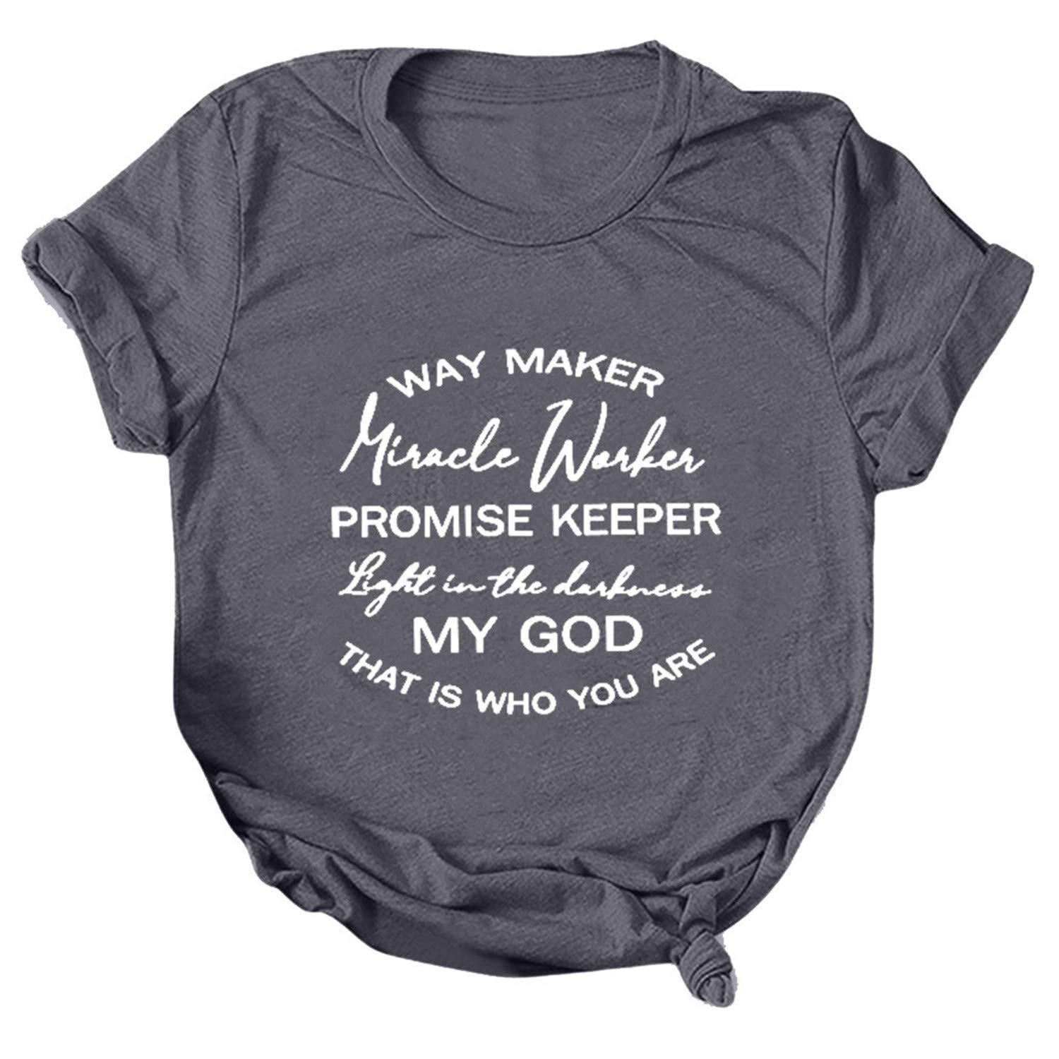 Christian T-Shirts for Women - Vintage Letter Print Prayer Tee with 'Way Maker Miracle Worker Light in The Darkness' Design - Soft Cotton Gray Shirt - Perfect for Church, Bible Study & Worship Events