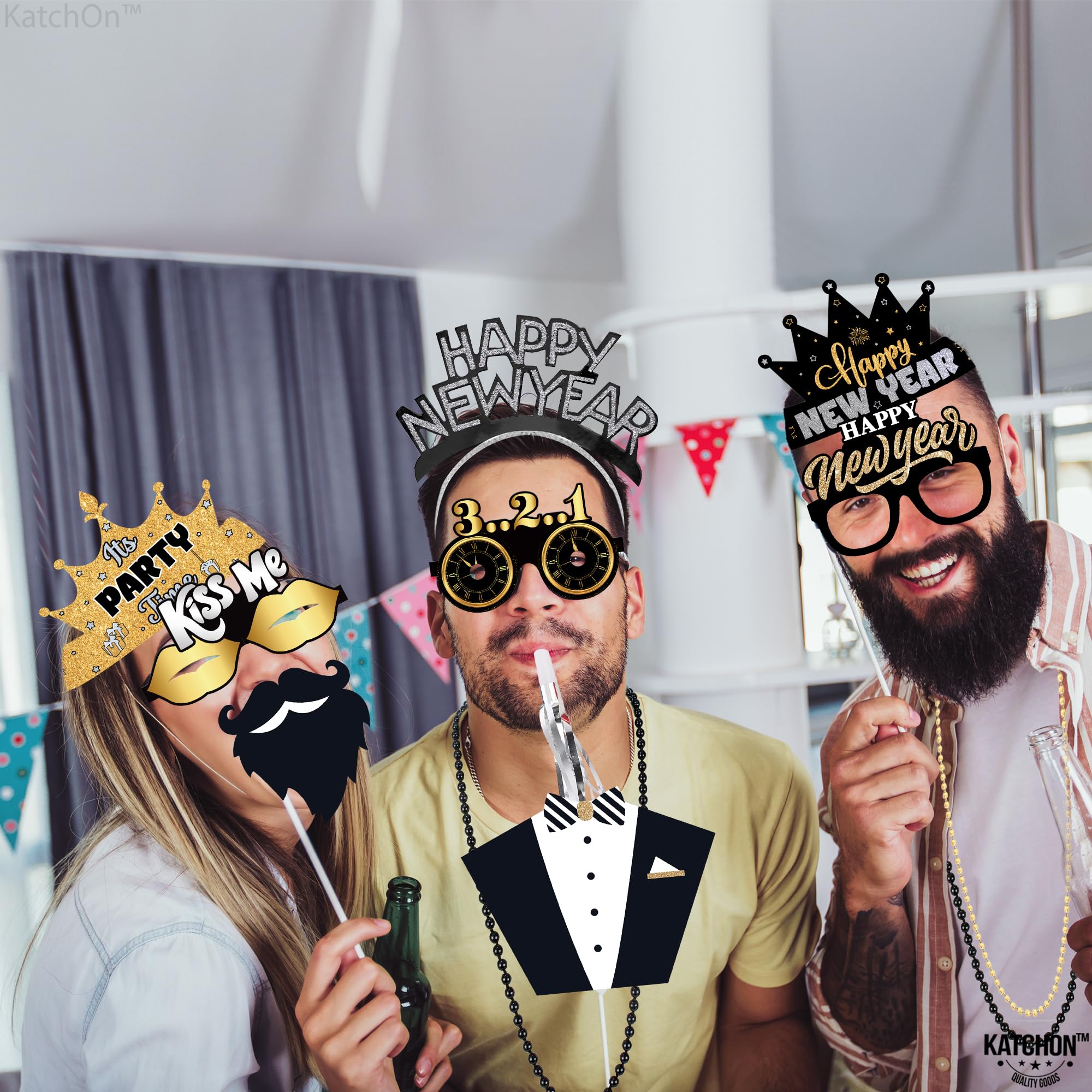 KatchOn 2025 New Year's Eve Party Supplies Set - 74-Piece Kit with Photo Props, Hats, Headbands & Glasses | NYE Decorations & Accessories for Countdown Celebrations, Ball Drops & New Year Parties