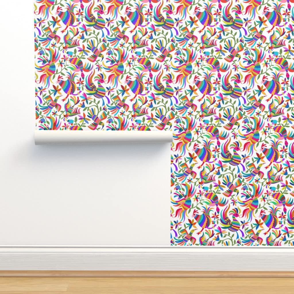 Flying Otomi Birds Mexican Folk Art Peel & Stick Wallpaper - 12ft x 2ft Removable Self-Adhesive Wallpaper - Chicken Fiesta Animal Design by Spoonflower - Perfect for Bedroom, Nursery, or Home Office Decor