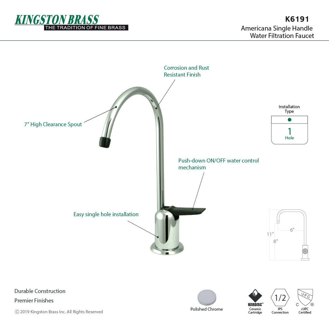 Americana K6191 Single Handle 1 Hole Deck Mount Water Filtration Faucet - Polished Chrome Finish for Kitchen Sink & Countertop Installation | Perfect for Clean Drinking Water & Cooking Needs