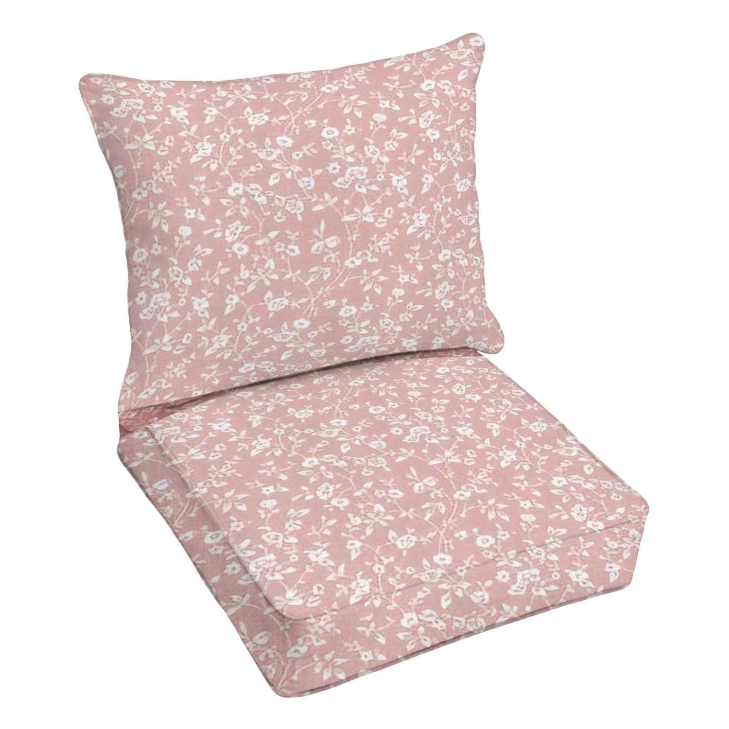 Premium Outdoor Deep Seating Cushion Set - Seamless Millefleurs White Wild Roses on Pink Design - Replacement Cushions for Patio Lounge Chairs - Perfect for Garden, Poolside, and Outdoor Conversation Areas