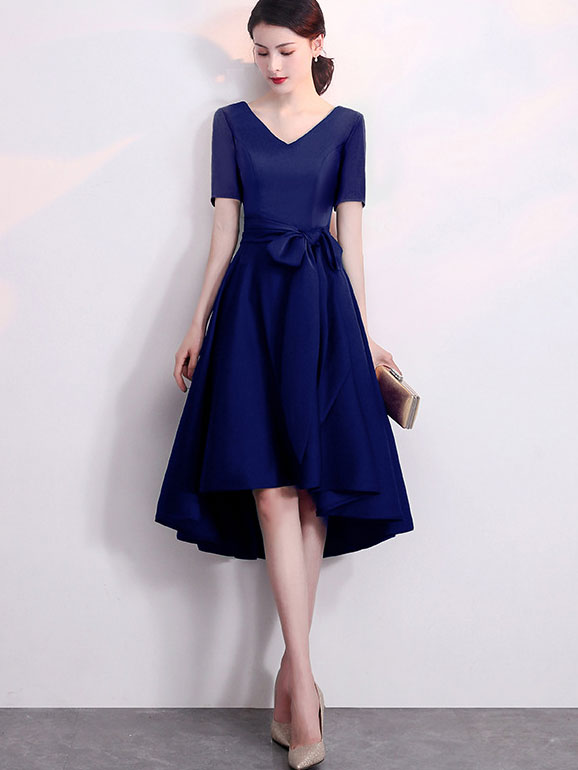 Elegant V-Neck Belted High-Low Hem Party Dress for Women - Perfect for Evening Events, Prom, Cocktail Parties & Special Occasions