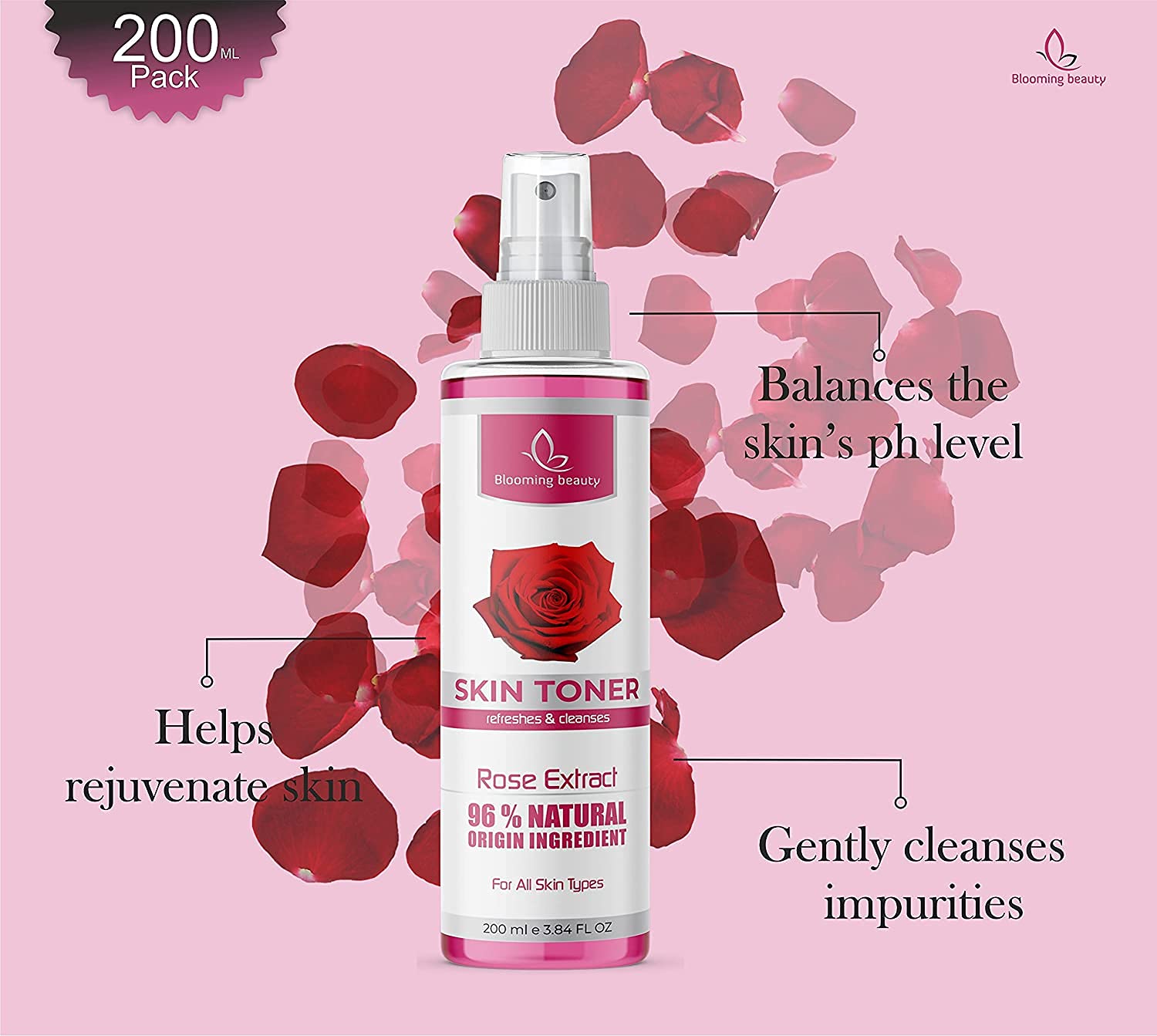 Blooming Beauty Rose Extract Skin Toner - Refreshing & Cleansing Facial Toner for Men & Women | All Skin Types | 200ml | Hydrates & Balances Skin | Perfect for Daily Skincare Routine & Post-Shave Soothing