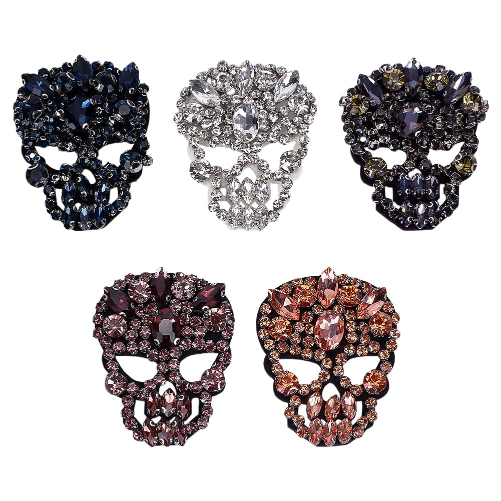 FINGERINSPIRE 5PCS Skull Glass Rhinestone Beaded Patches - 5 Colors, 2x2.4 Inch Sew-on Appliques for Clothes, Dresses, Hats & Jeans - DIY Handicraft Embellishments for Gothic Fashion, Costume Design & Punk Style Outfits