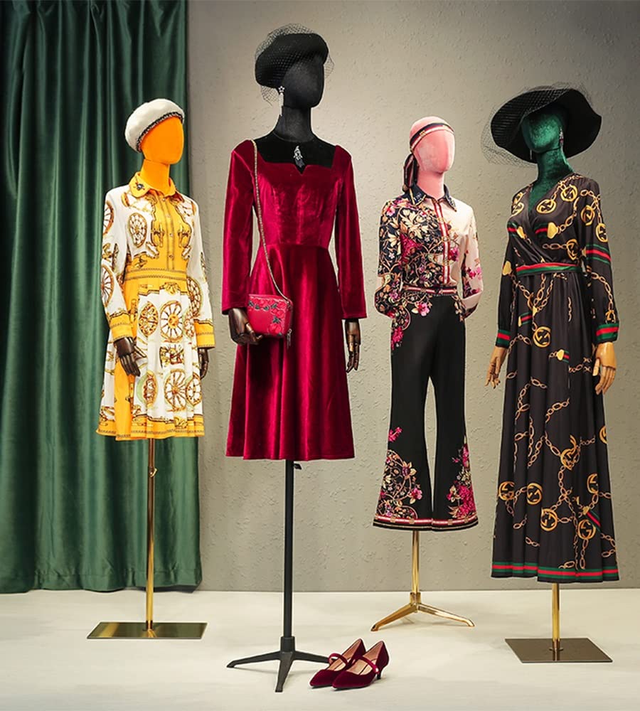 Adjustable Height Green Velvet Female Mannequin Dress Form with Metal Tripod Base & Solid Wood Arms - Half-Length Sewing Model for Clothing Display (Gold, Small Size) | Perfect for Tailors, Fashion Designers & Boutique Visual Merchandising