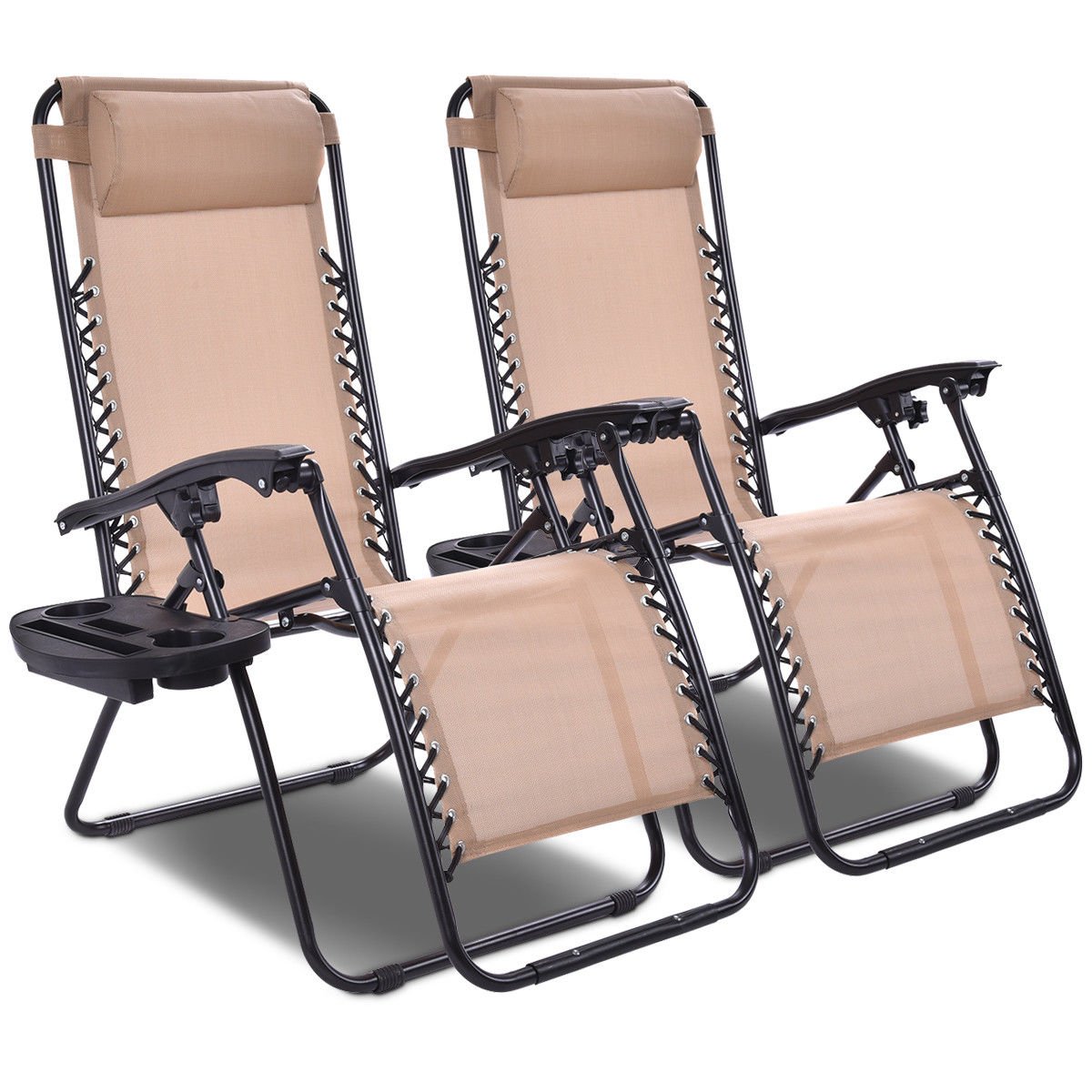 Giantex 2 Pack Zero Gravity Lounge Chair - Patio Recliner with Cup Holder, Adjustable Folding Outdoor Chaise Lounge for Backyard, Poolside, Beach & Camping (Beige) - Perfect for Relaxing, Sunbathing & Outdoor Leisure