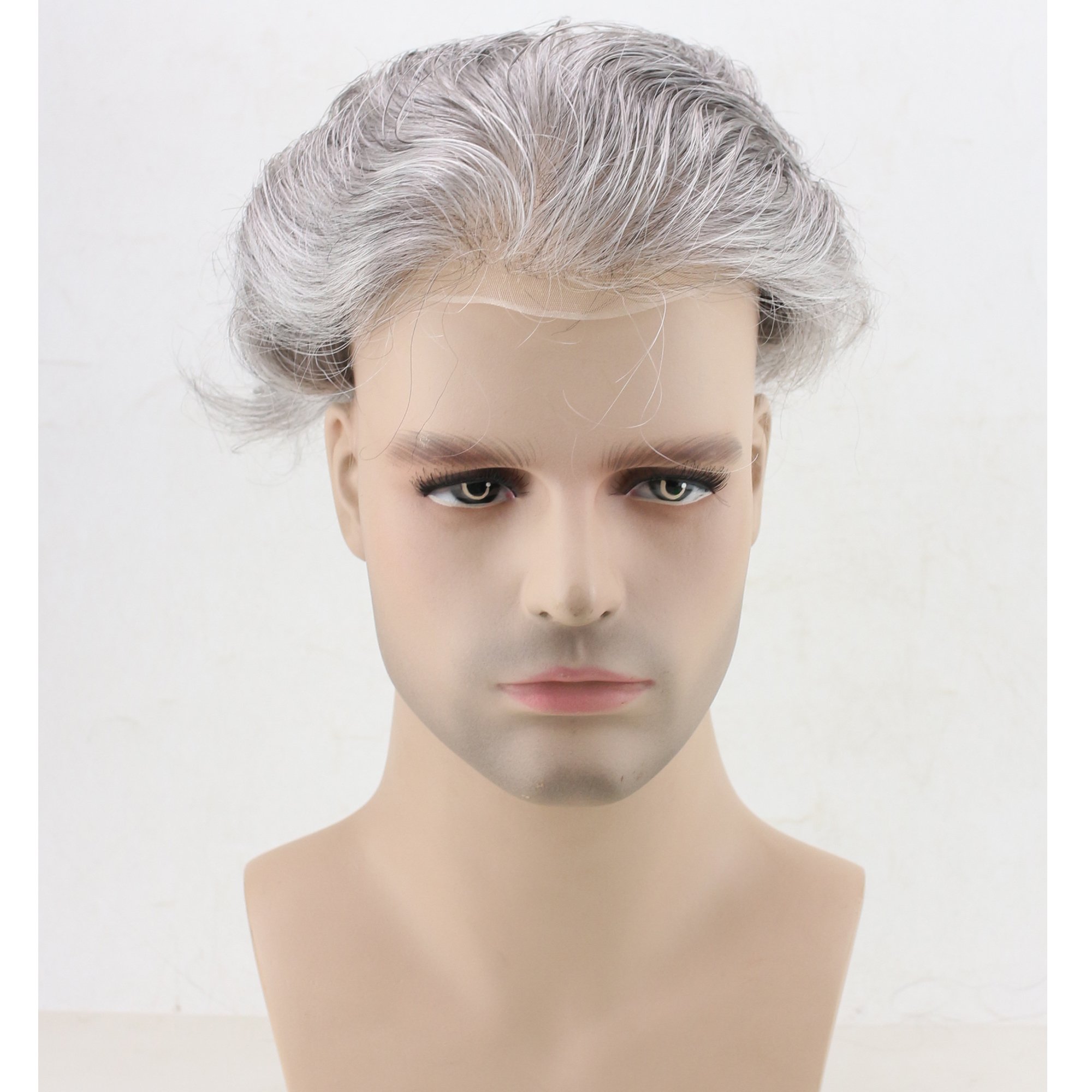 Dreambeauty Men's Toupee 10×8 Inch European Virgin Human Hair Blend (20% #1B Black Human Hair & 80% Silver Synthetic) - Soft Thin Skin Hair Replacement System with Monofilament Net & PU Base - Perfect for Daily Wear, Special Occasions & Hair Loss Solutions