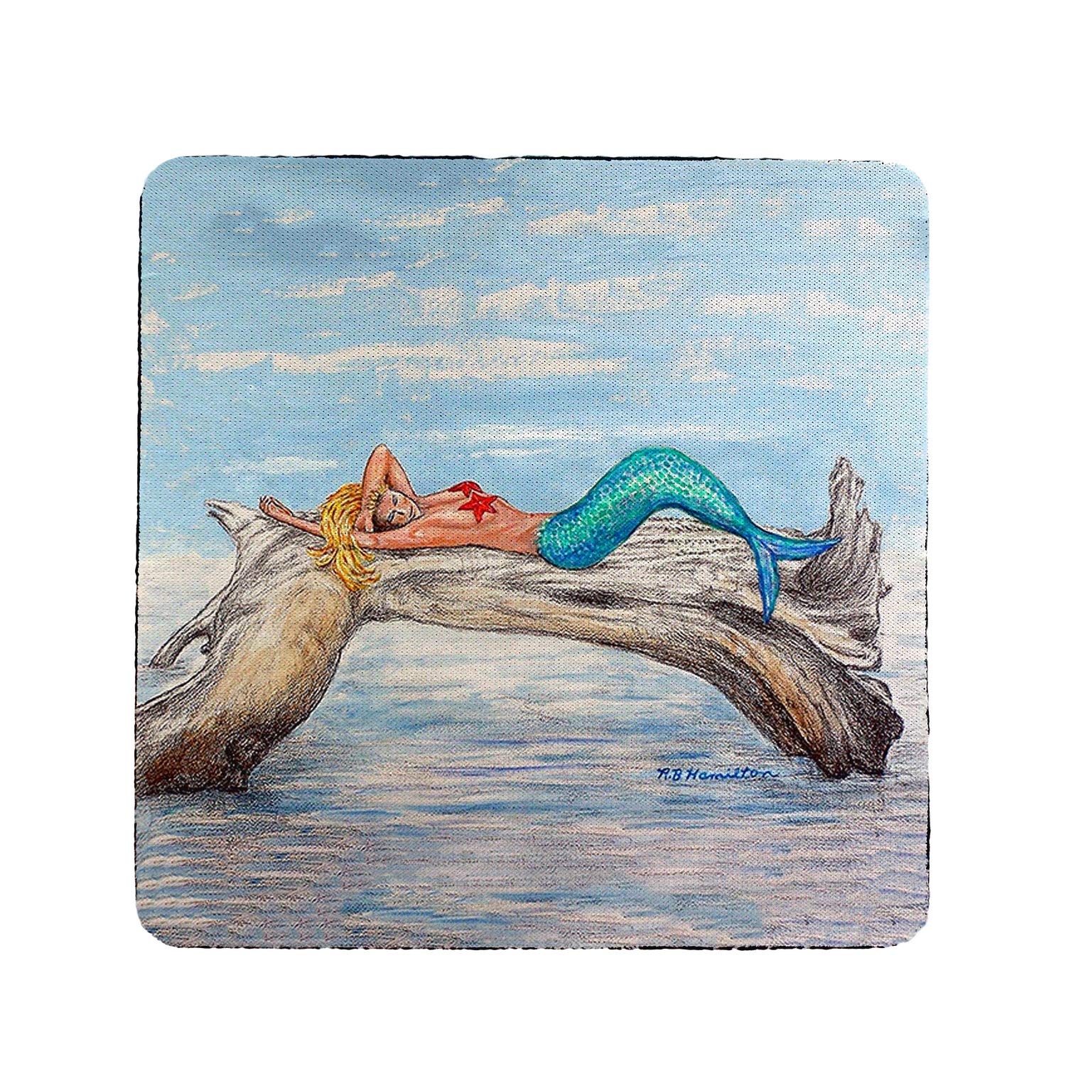 Betsy Drake Mermaid on Log Coaster Set of 4 - Absorbent Drink Coasters for Coffee, Wine, and Beer - Perfect for Home, Bar, and Office Use