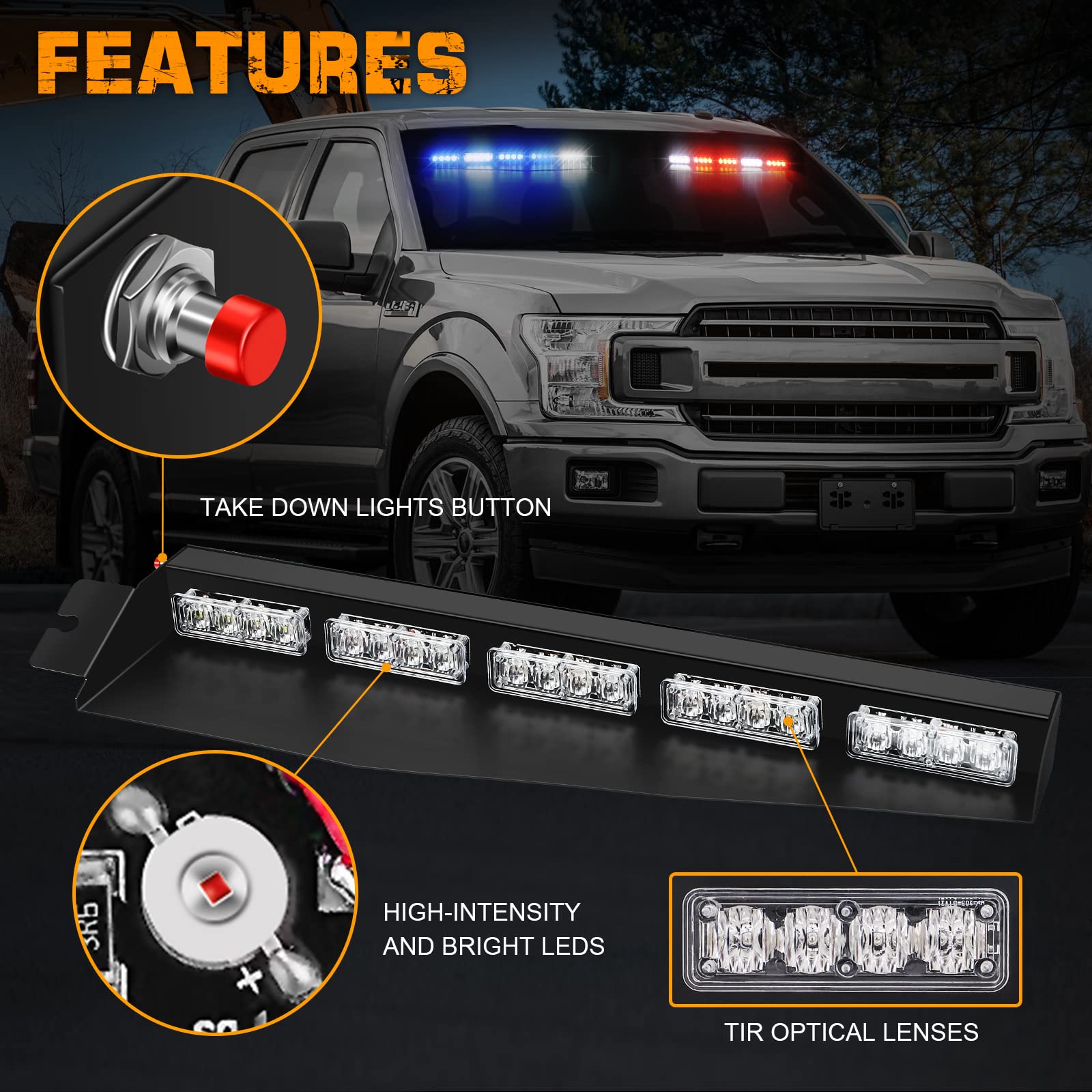 XRIDONSEN 34 Inch Emergency Police Light Bar - 40 LED Red & Blue Strobe Lights for Vehicles & Trucks - Interior Windshield Mount with White Take Down Deck - Safety Warning Flashing Lights for Emergency, Security, and Off-Road Use