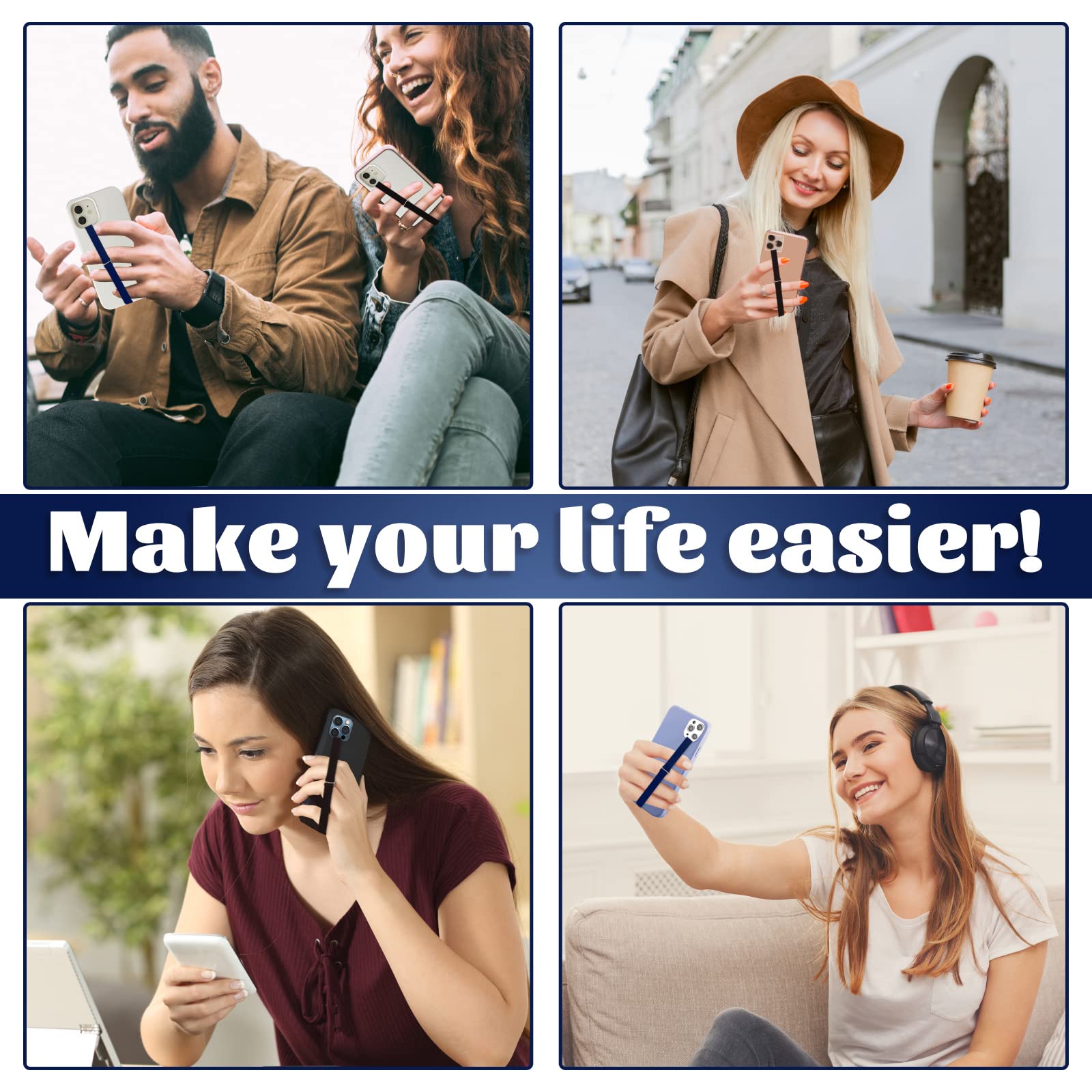 3pcs Silicone Phone Grip Holder Strap - Anti-Slip Finger Loop for iPhone 15/15 Pro/16/16 Pro & Samsung Galaxy S24/S23 - Universal Phone Loops for Back of Cell Phones (230, 2 Black+Navy) - Perfect for Gaming, Photography, and Everyday Use
