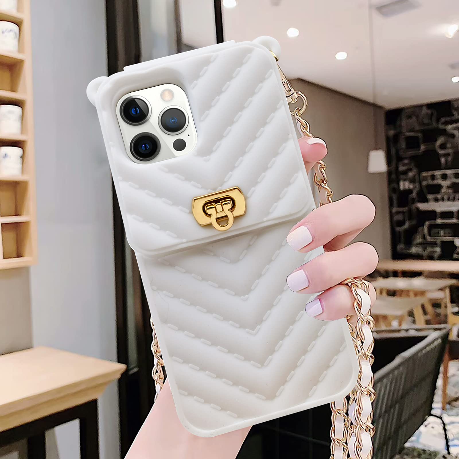 Premium Crossbody iPhone 13 Pro Max Wallet Case with Neck Strap - Slim Credit Card Holder & Soft Silicone Protection Cover for Women (White) | Perfect for Travel, Shopping & Everyday Use